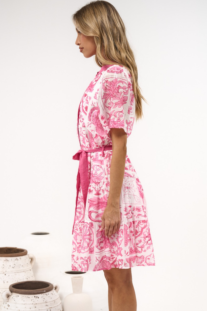 Floretta Mini Dress - Mandarin Collared Button Down Shirt Dress with Waist Tie in Fleurie Print
