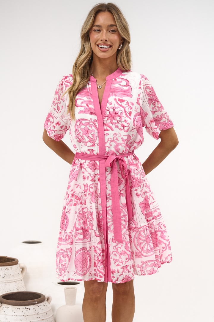 Floretta Mini Dress - Mandarin Collared Button Down Shirt Dress with Waist Tie in Fleurie Print