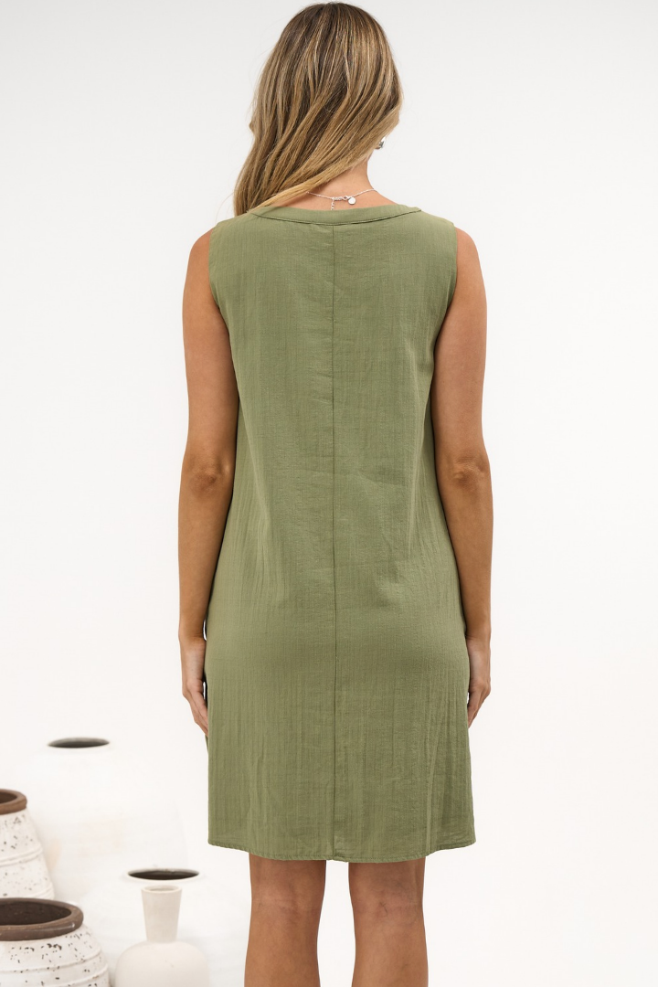 Milos Mini Dress - Crew Neck Pintuck Sleeveless Shift Dress with Pockets in Green