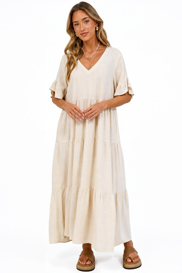 Audrina Midi Dress - Pull Over V Neck Tiered Dress with Pockets in Oat