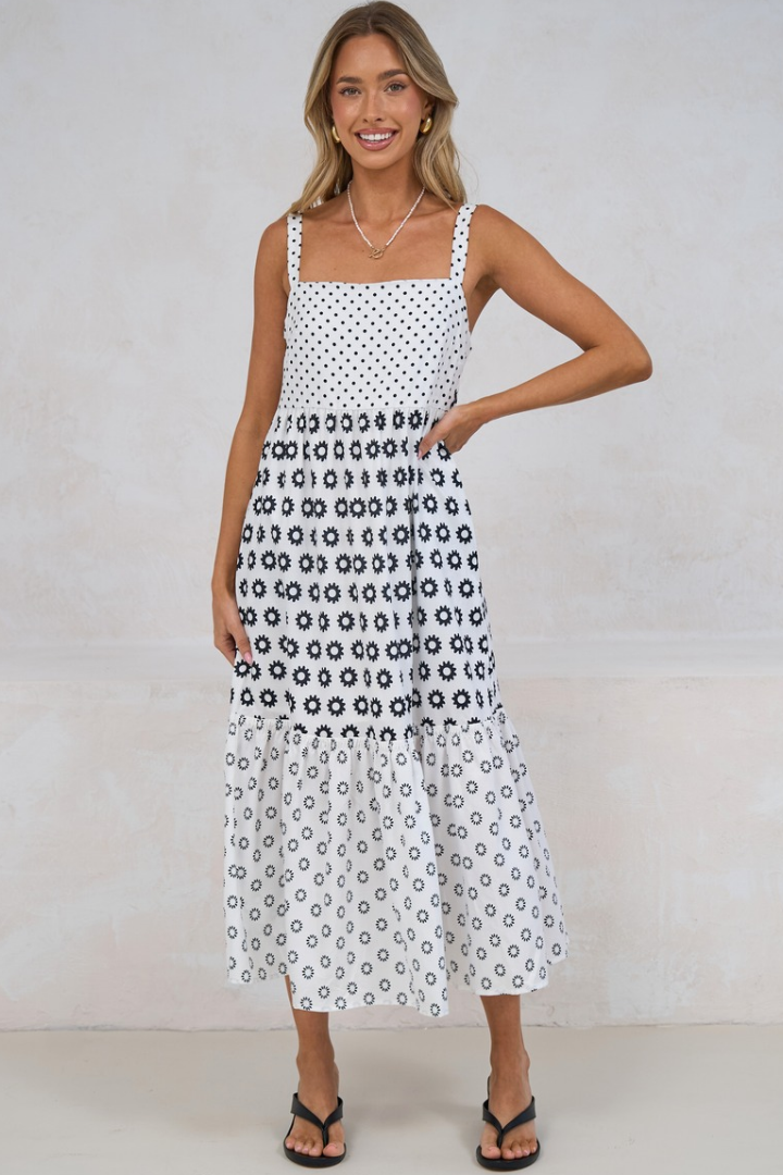 Aubrie Midi Dress - Square Neck Tiered Sun Dress with Tie at the Back in Viliana Print
