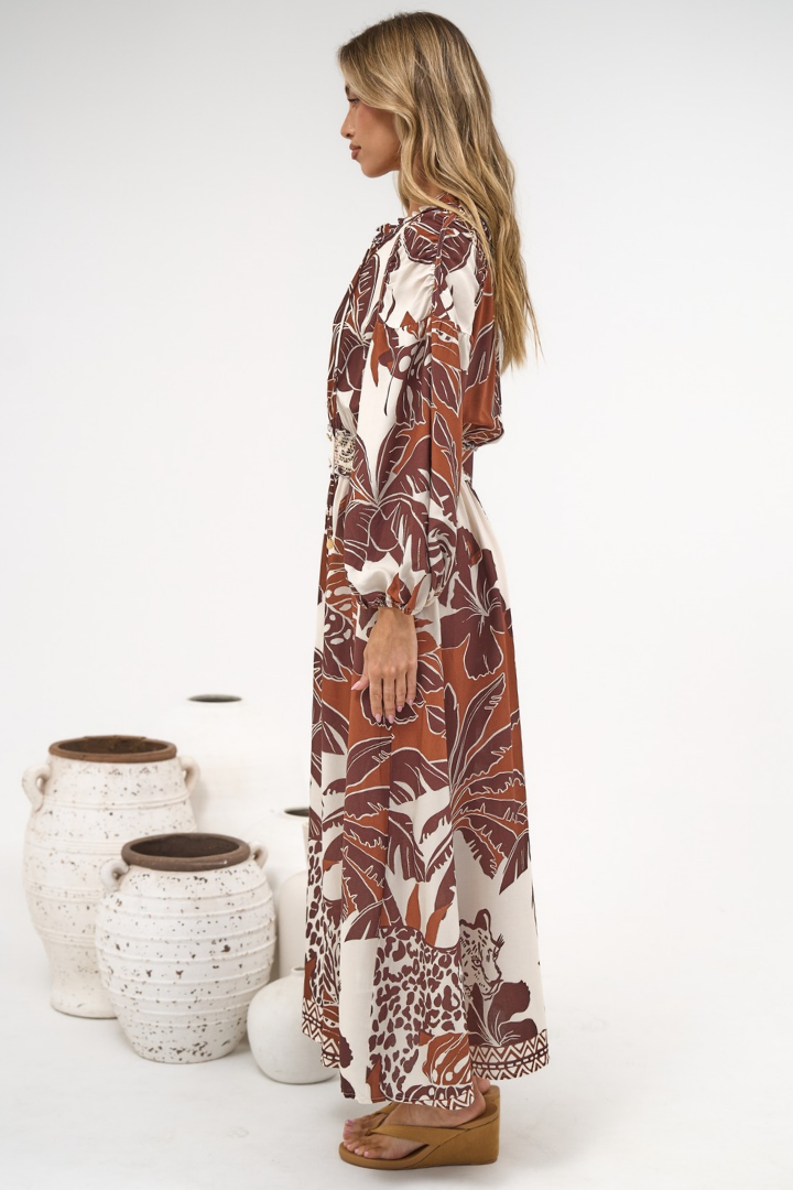 Prisca Maxi Dress - V Neck A Line Long Sleeve Dress with Pockets Samara Print