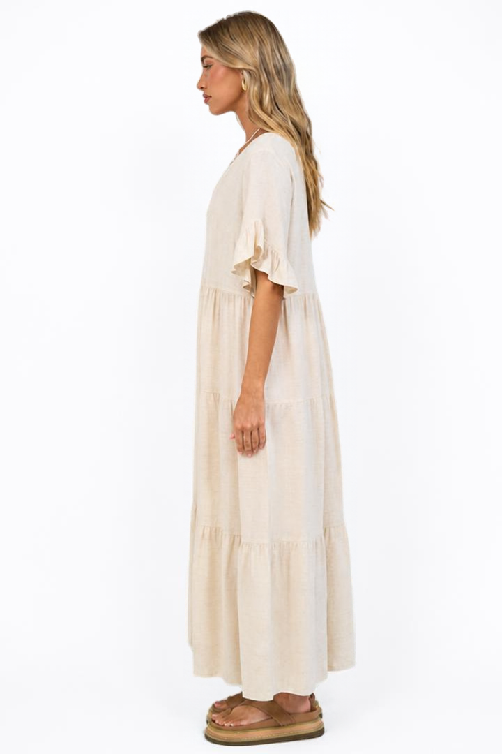 Audrina Midi Dress - Pull Over V Neck Tiered Dress with Pockets in Oat