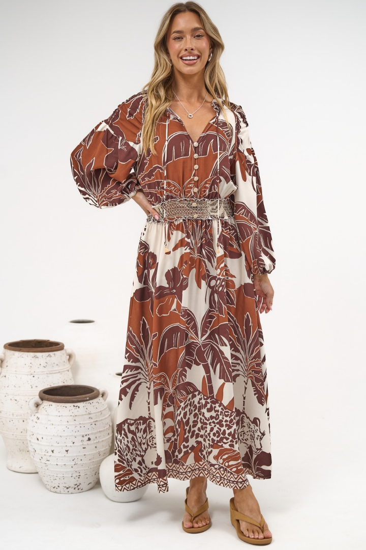 Prisca Maxi Dress - V Neck A Line Long Sleeve Dress with Pockets Samara Print
