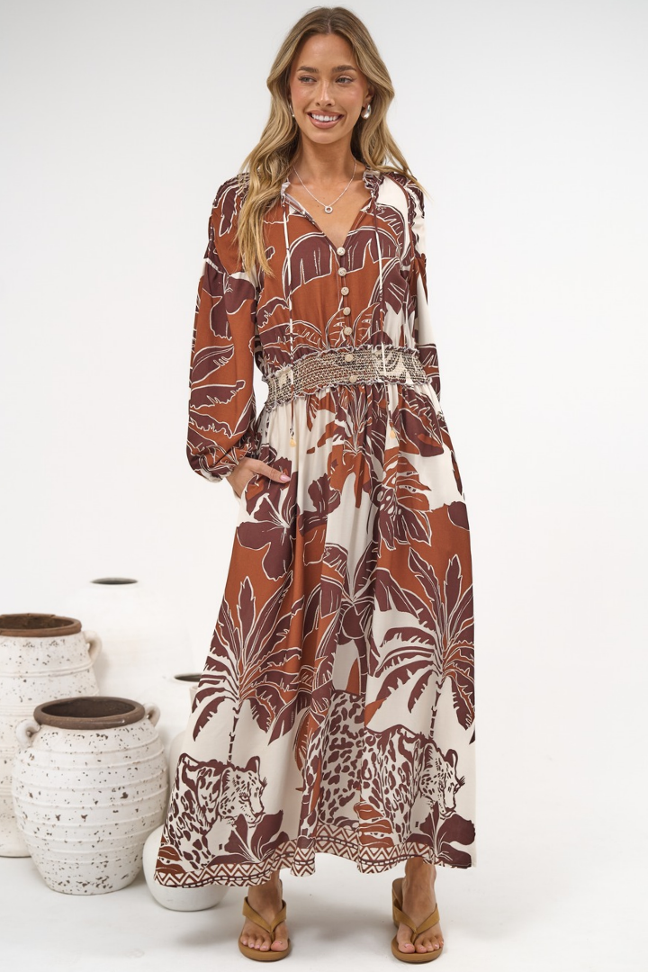 Prisca Maxi Dress - V Neck A Line Long Sleeve Dress with Pockets Samara Print