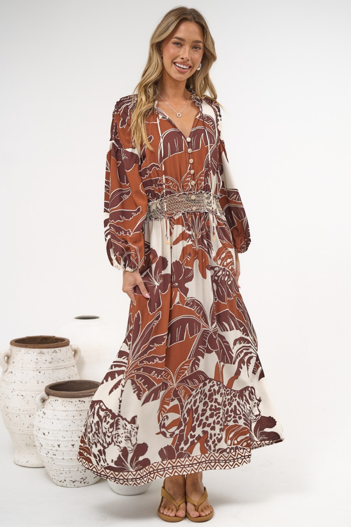 Prisca Maxi Dress - V Neck A Line Long Sleeve Dress with Pockets Samara Print