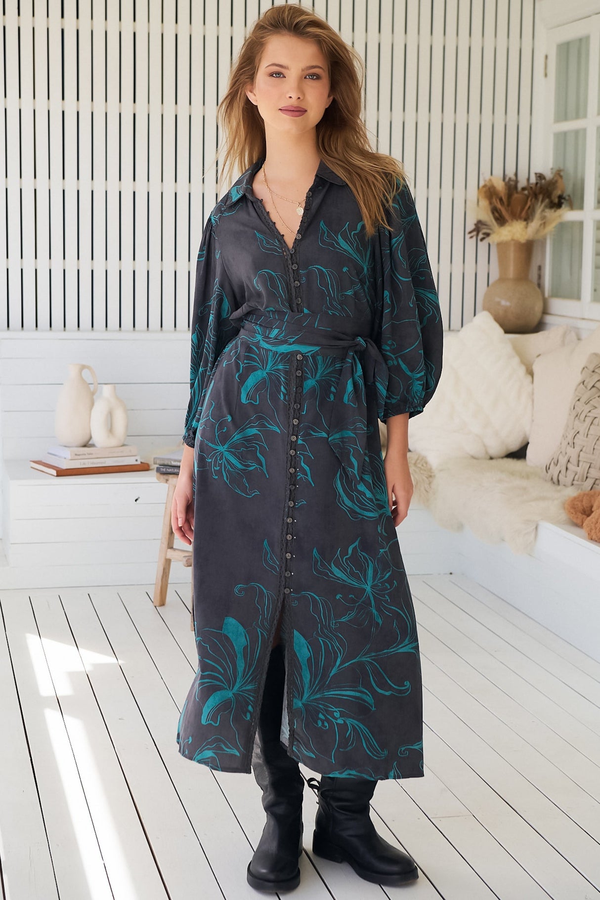 JAASE - Whitney Midi Dress: Collared Button Down Shirt Dress with Belt in Midnight Lilly Print