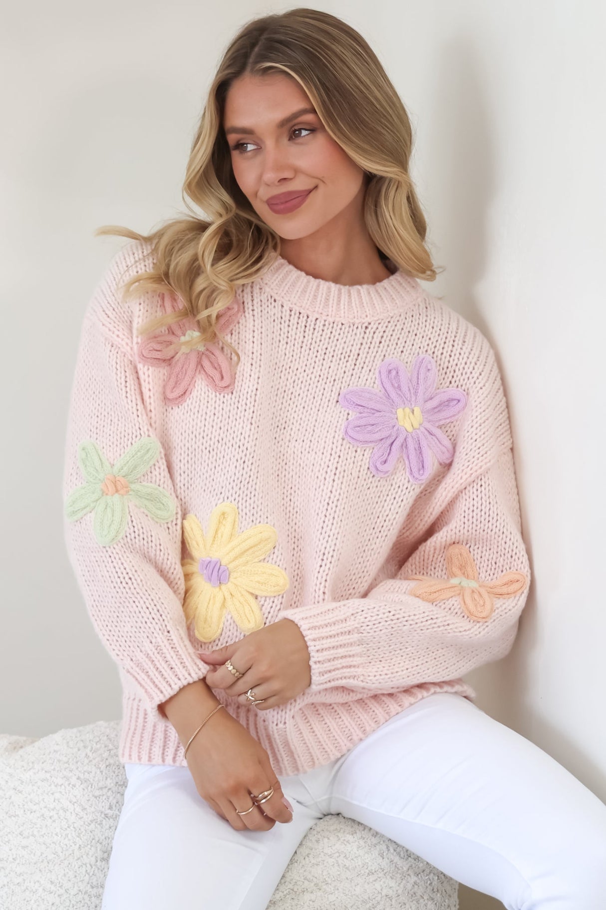 Wildflower Jumper - Chunky Knit Jumper with Flower Decals in Pink