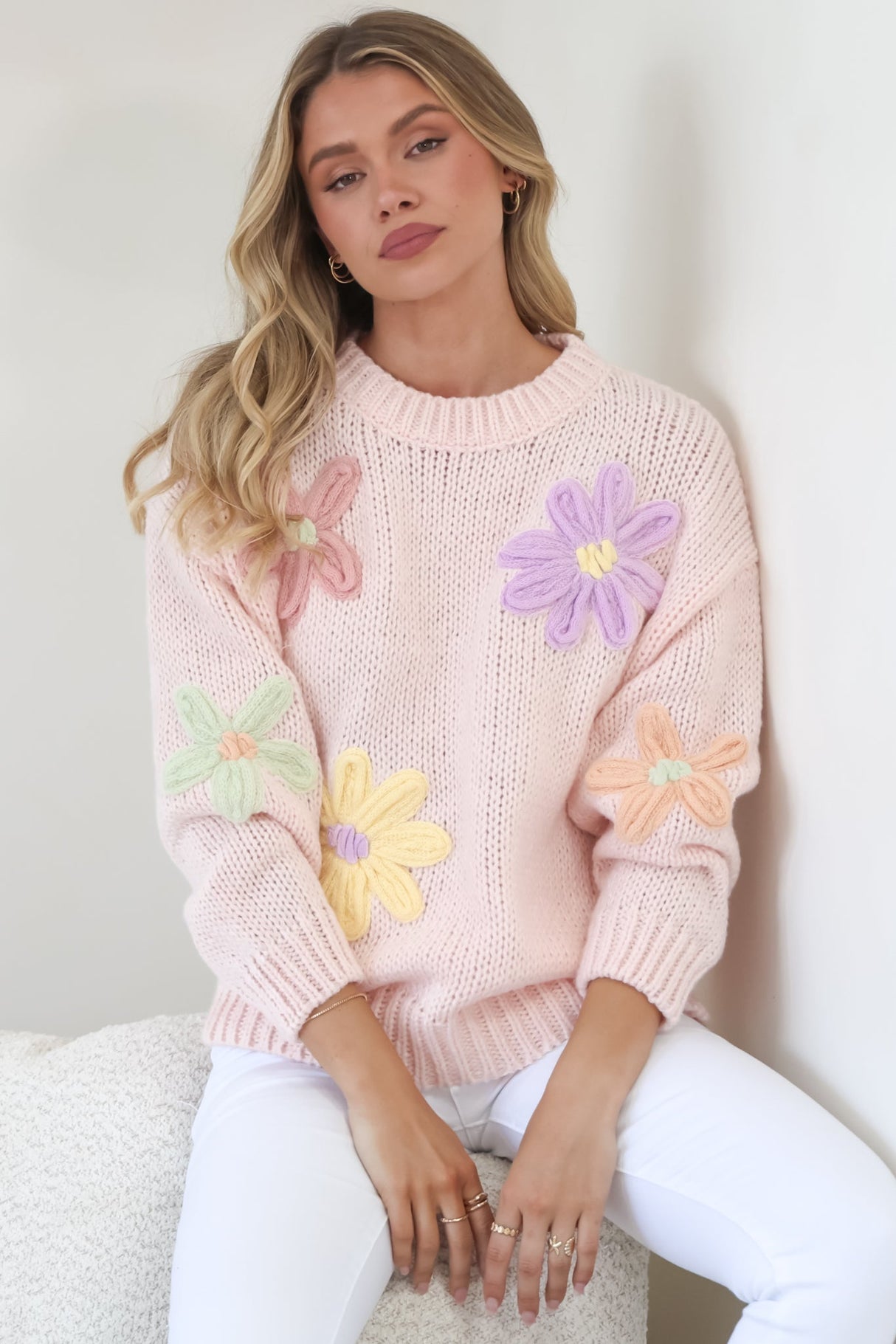 Wildflower Jumper - Chunky Knit Jumper with Flower Decals in Pink