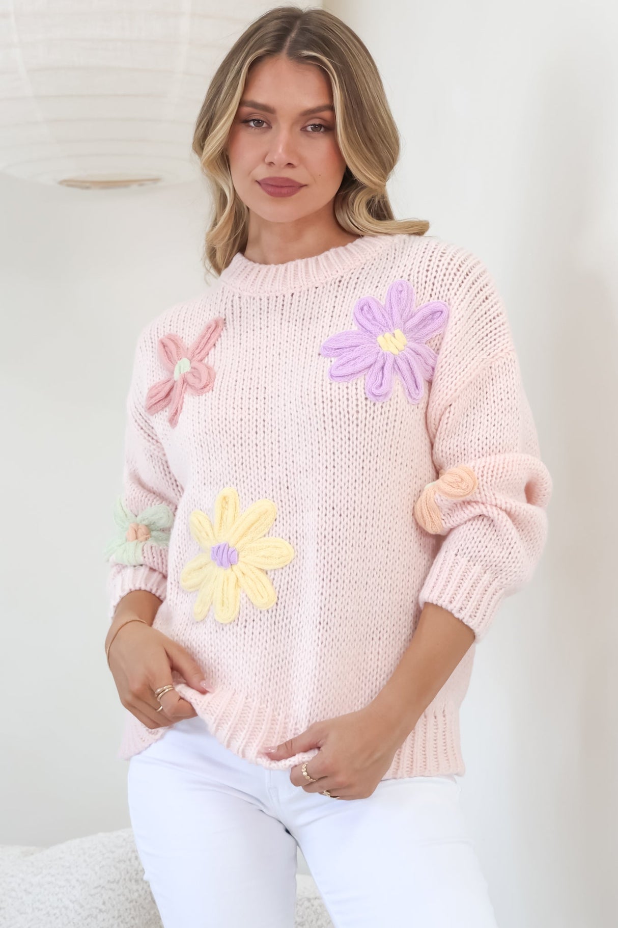 Wildflower Jumper - Chunky Knit Jumper with Flower Decals in Pink