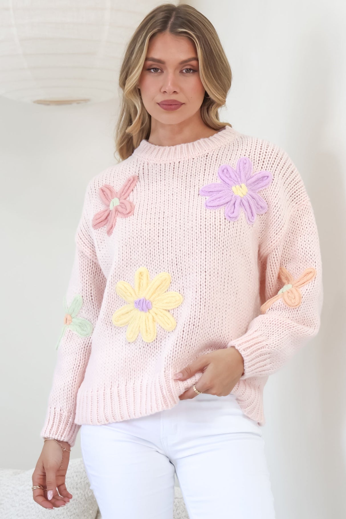 Wildflower Jumper - Chunky Knit Jumper with Flower Decals in Pink