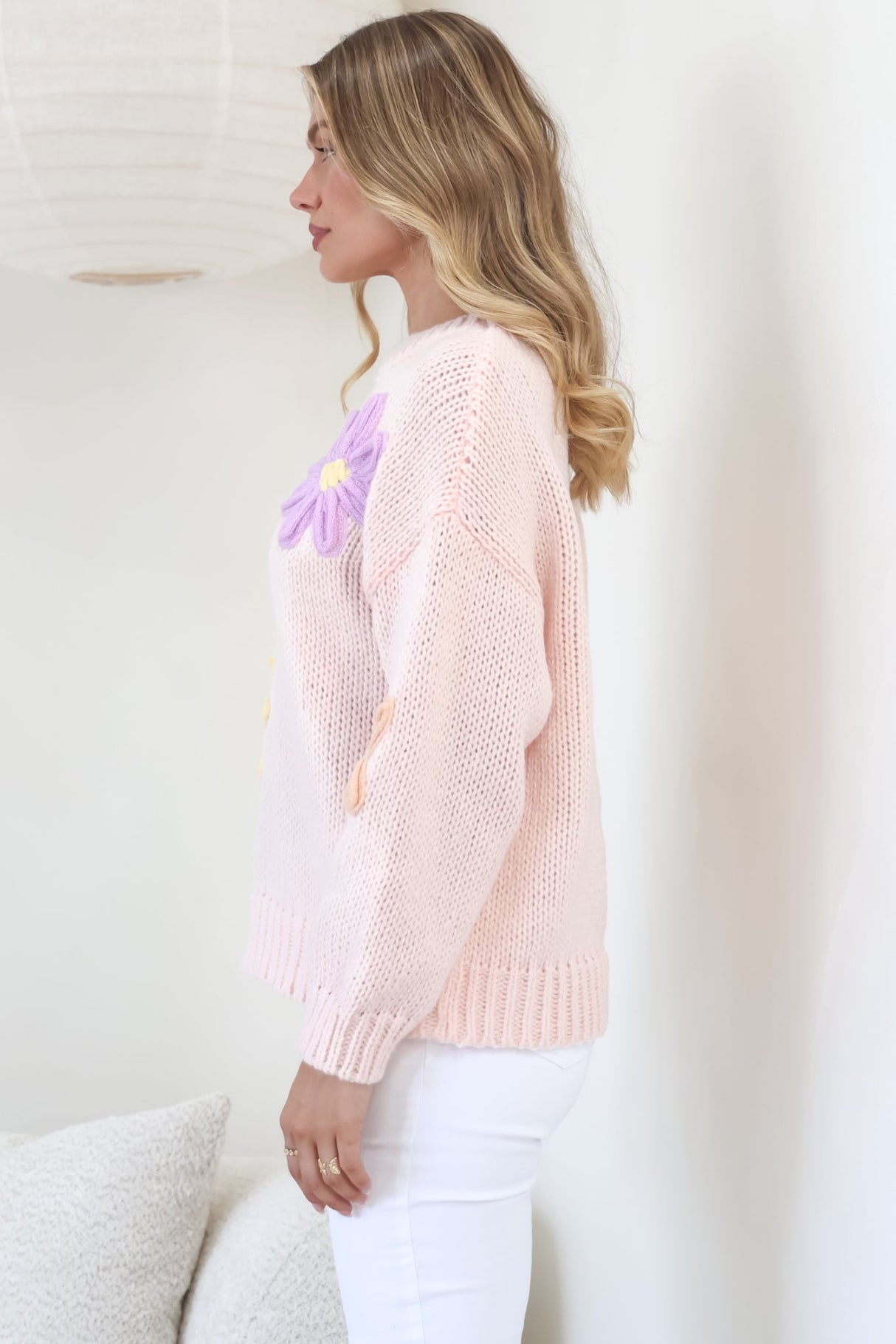 Wildflower Jumper - Chunky Knit Jumper with Flower Decals in Pink