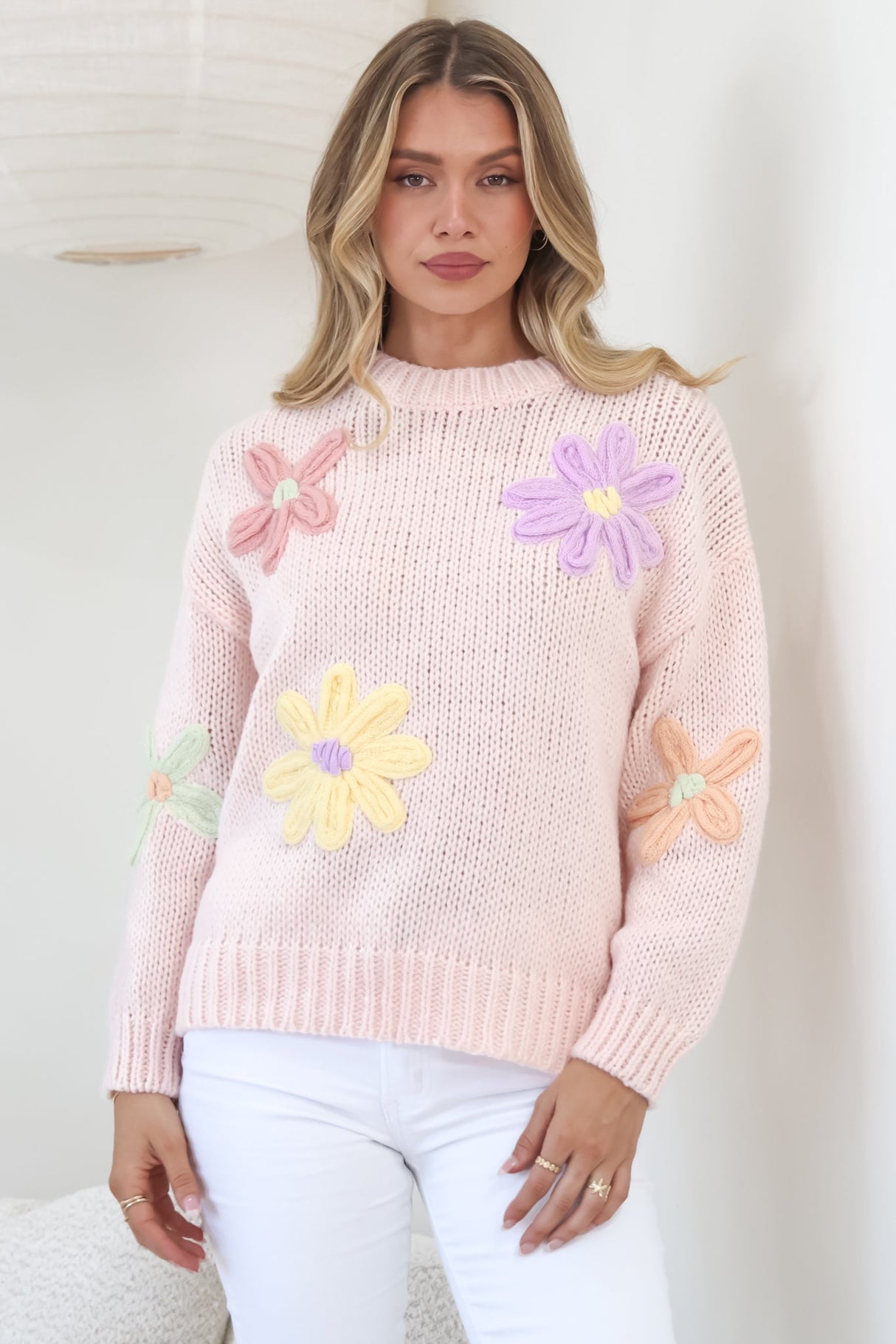 Wildflower Jumper - Chunky Knit Jumper with Flower Decals in Pink