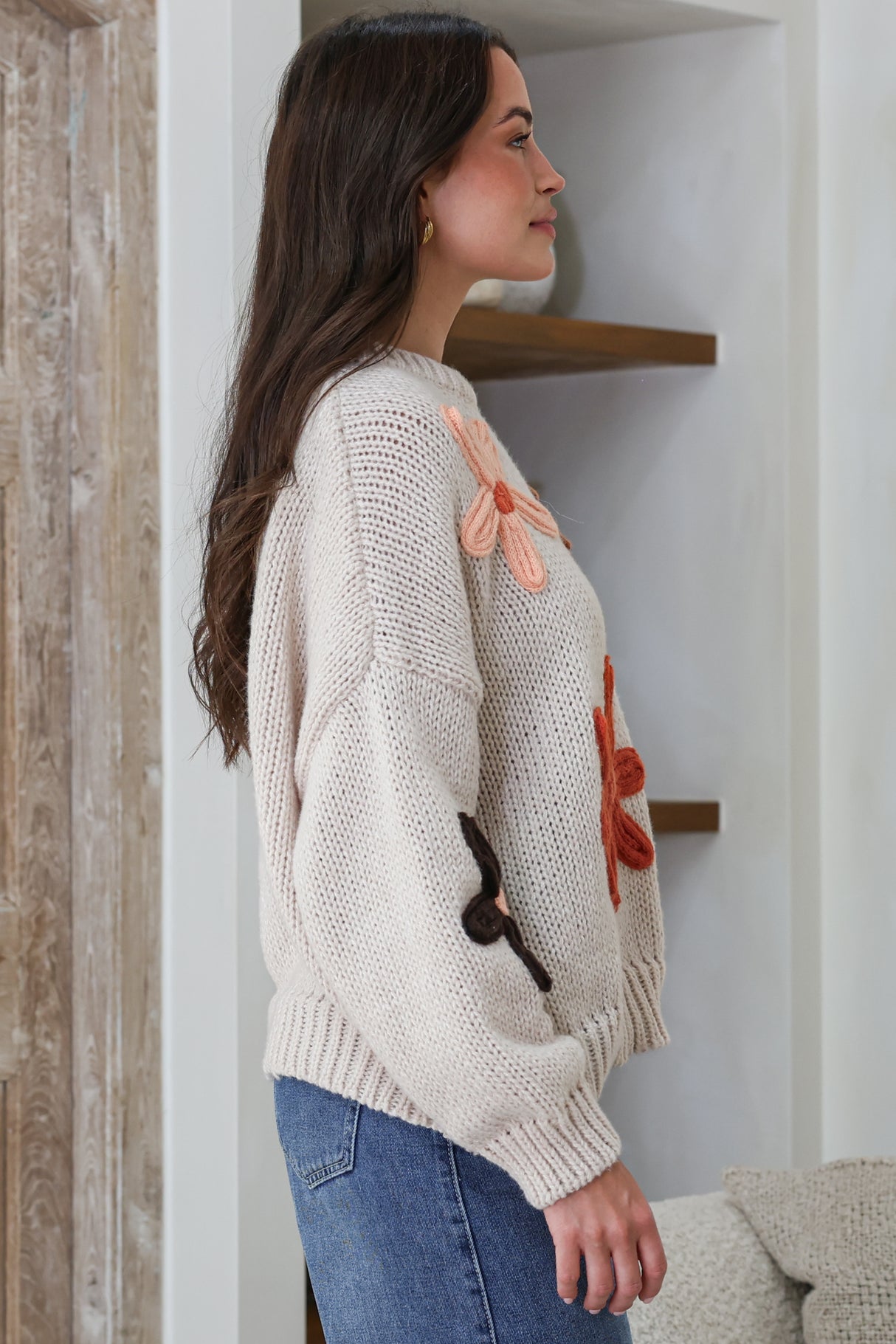 Wildflower Jumper - Chunky Knit Jumper with Flower Decals in Beige Multi