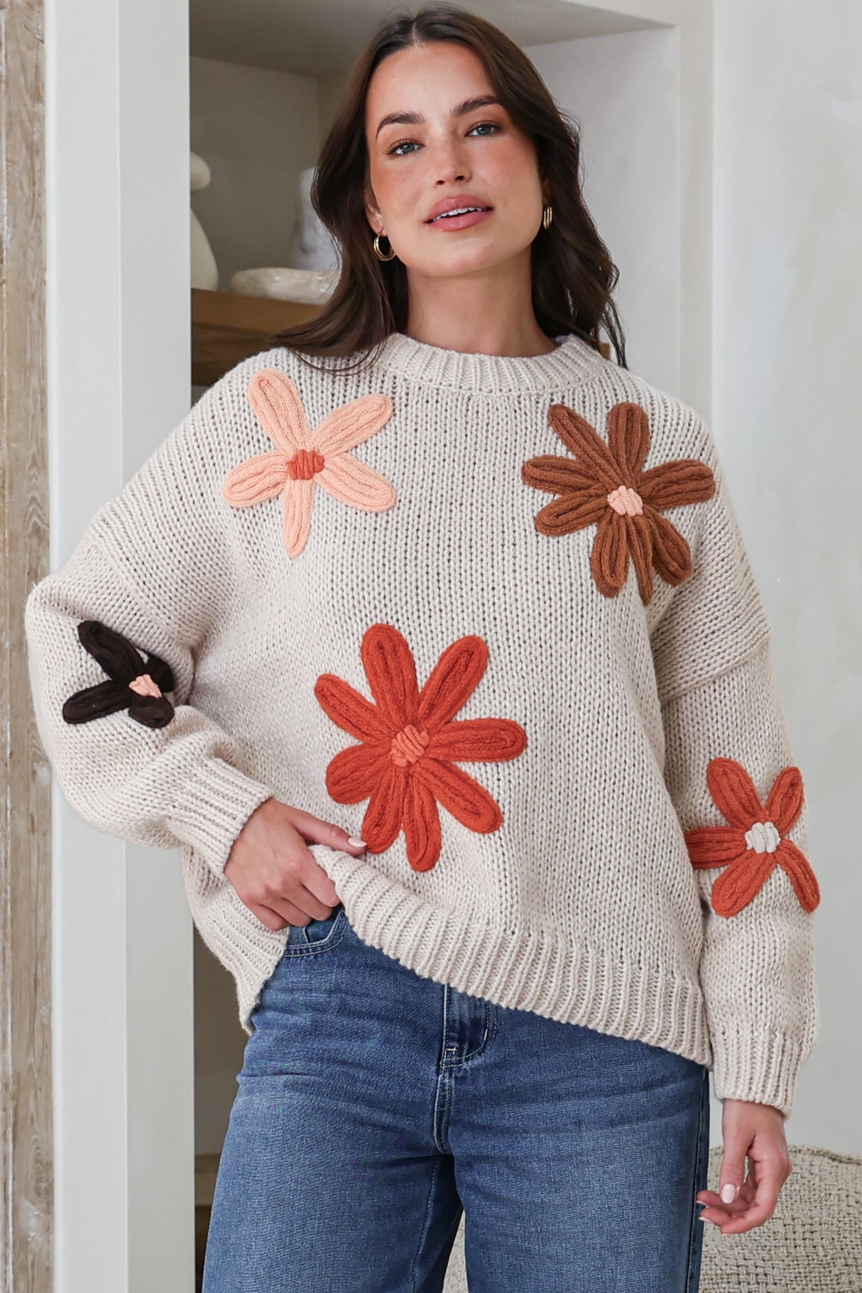 Wildflower Jumper - Chunky Knit Jumper with Flower Decals in Beige Multi