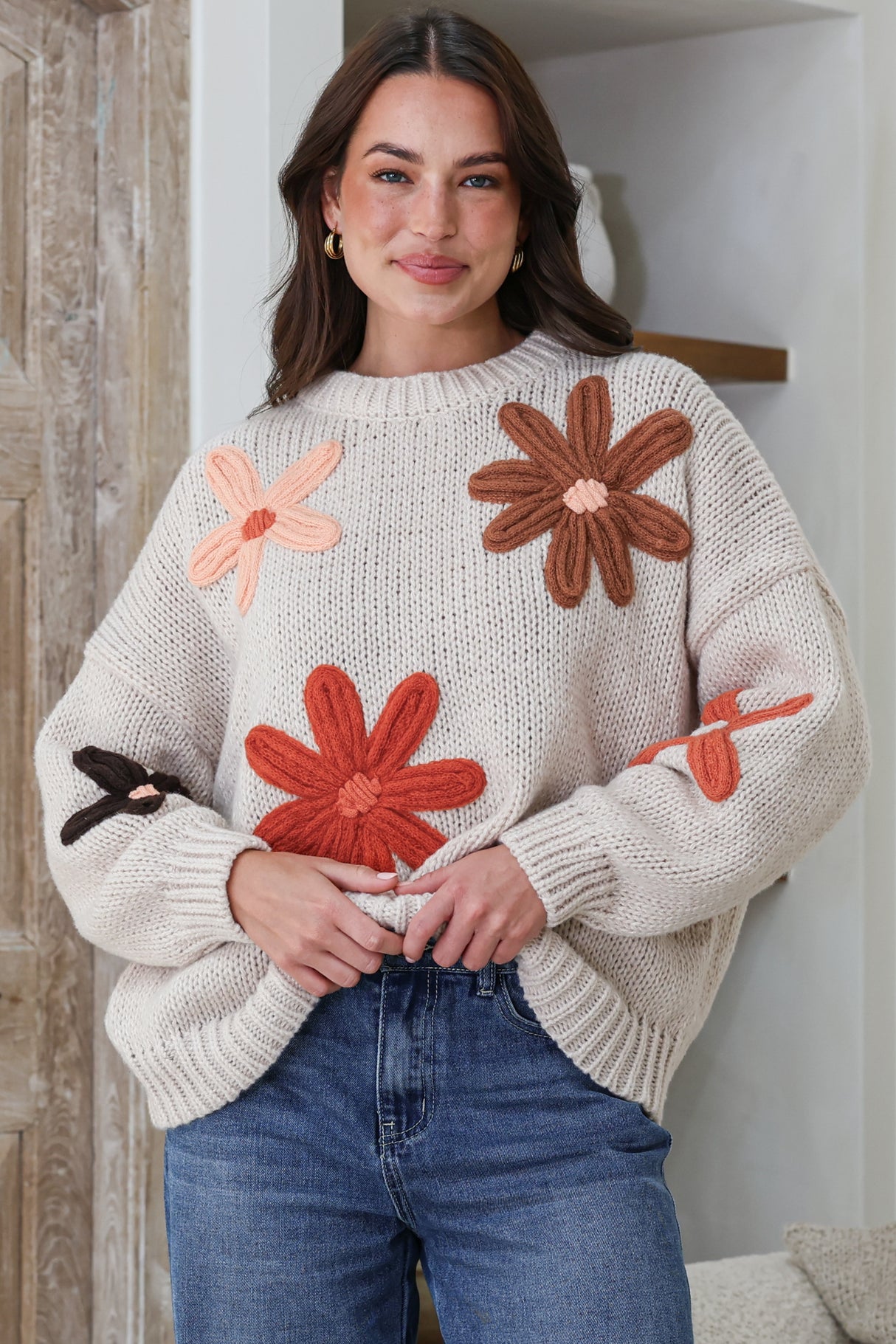 Wildflower Jumper - Chunky Knit Jumper with Flower Decals in Beige Multi