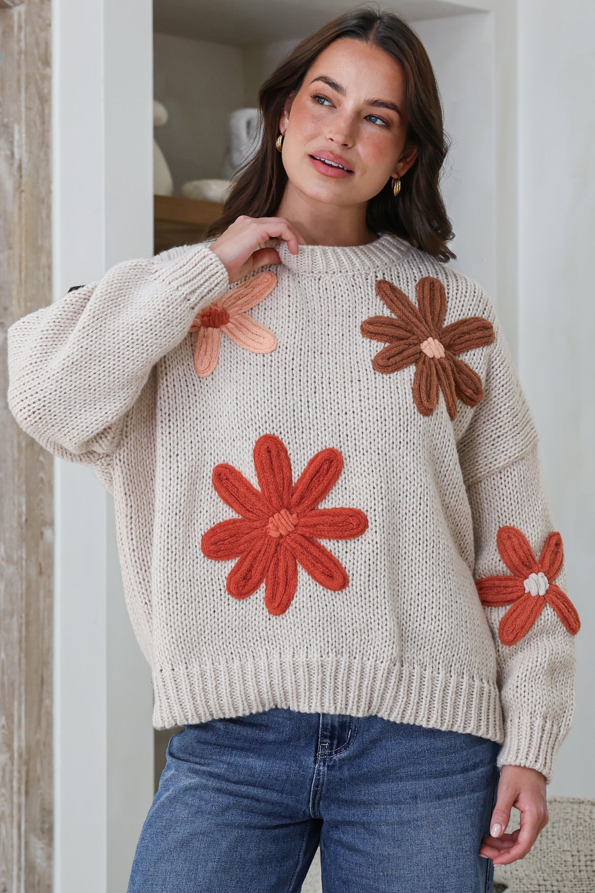 Wildflower Jumper - Chunky Knit Jumper with Flower Decals in Beige Multi