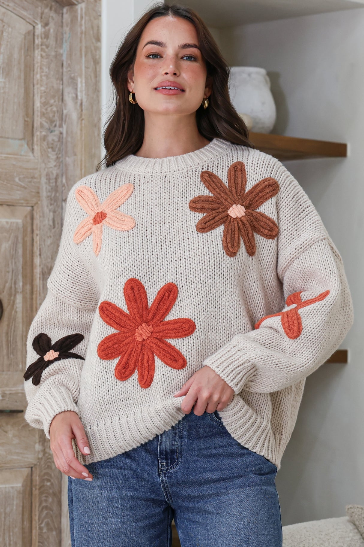 Wildflower Jumper - Chunky Knit Jumper with Flower Decals in Beige Multi
