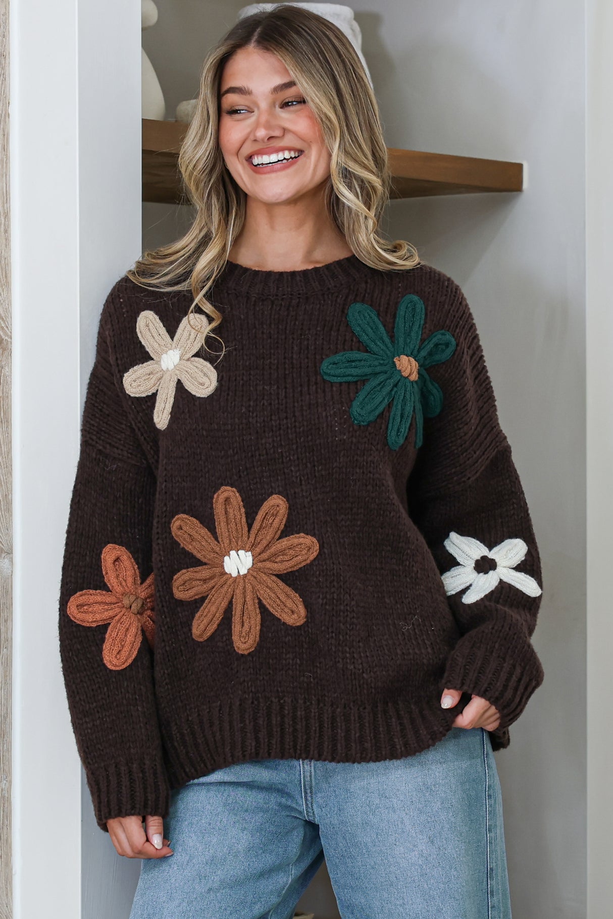 Wildflower Jumper - Chunky Knit Jumper with Flower Decals in Chocolate Multi