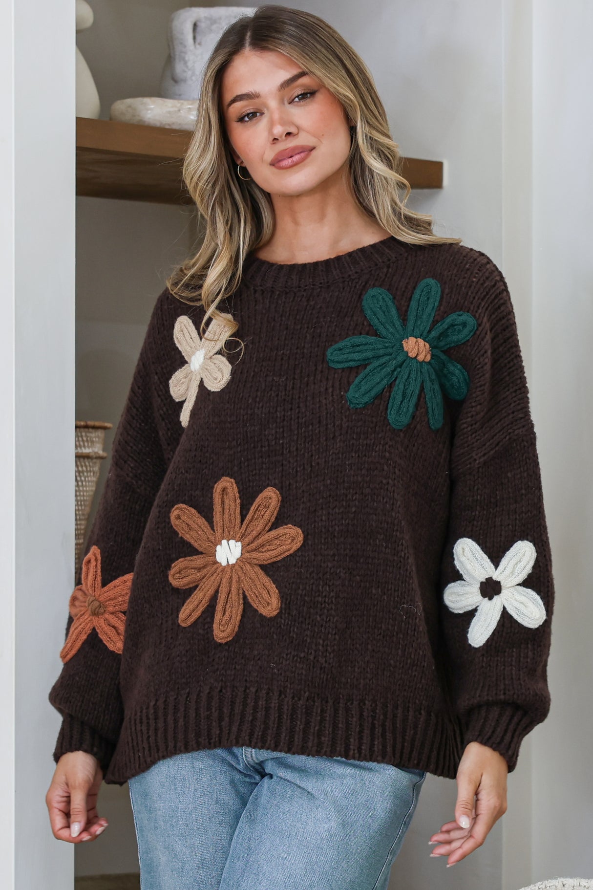 Wildflower Jumper - Chunky Knit Jumper with Flower Decals in Chocolate Multi