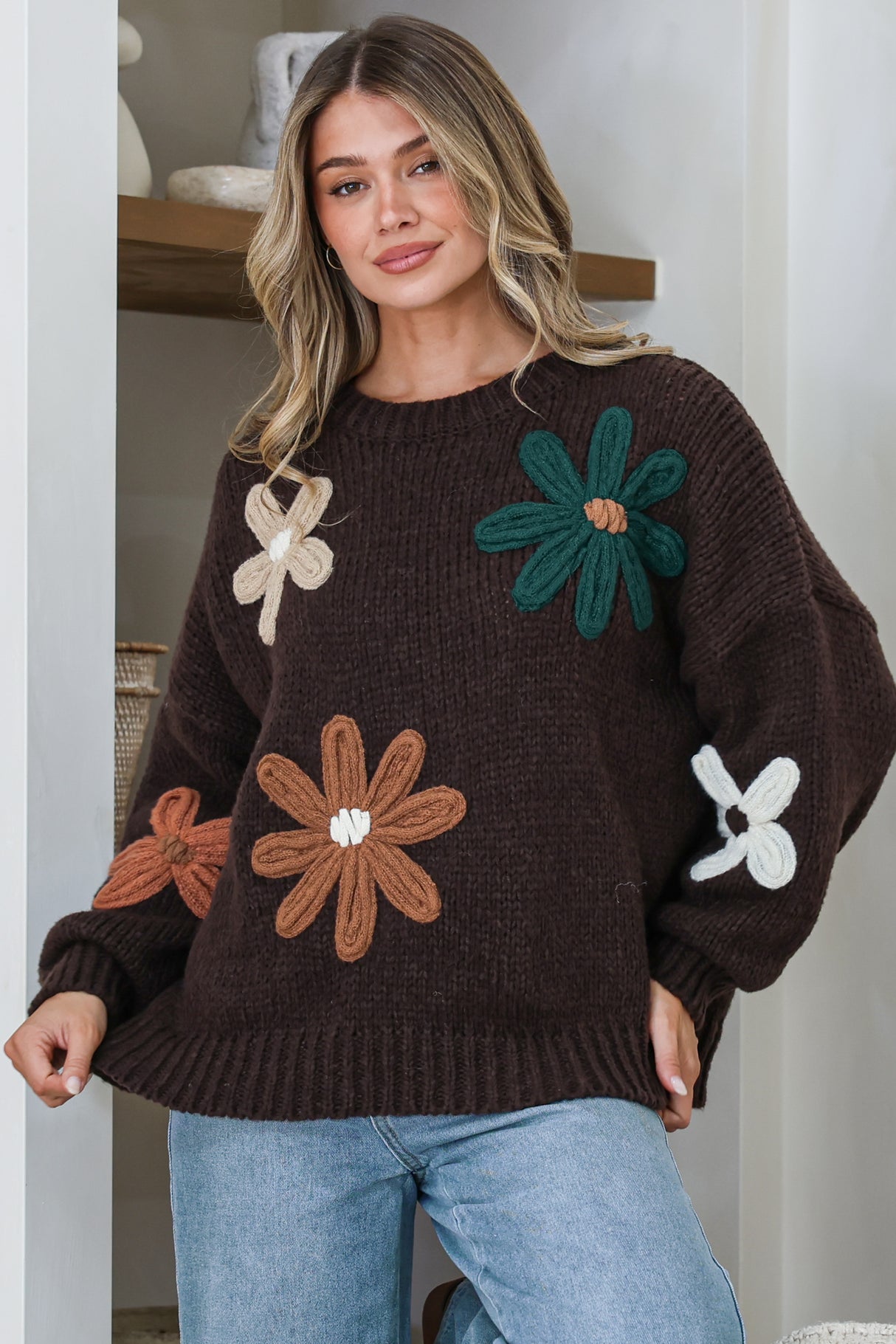 Wildflower Jumper - Chunky Knit Jumper with Flower Decals in Chocolate Multi