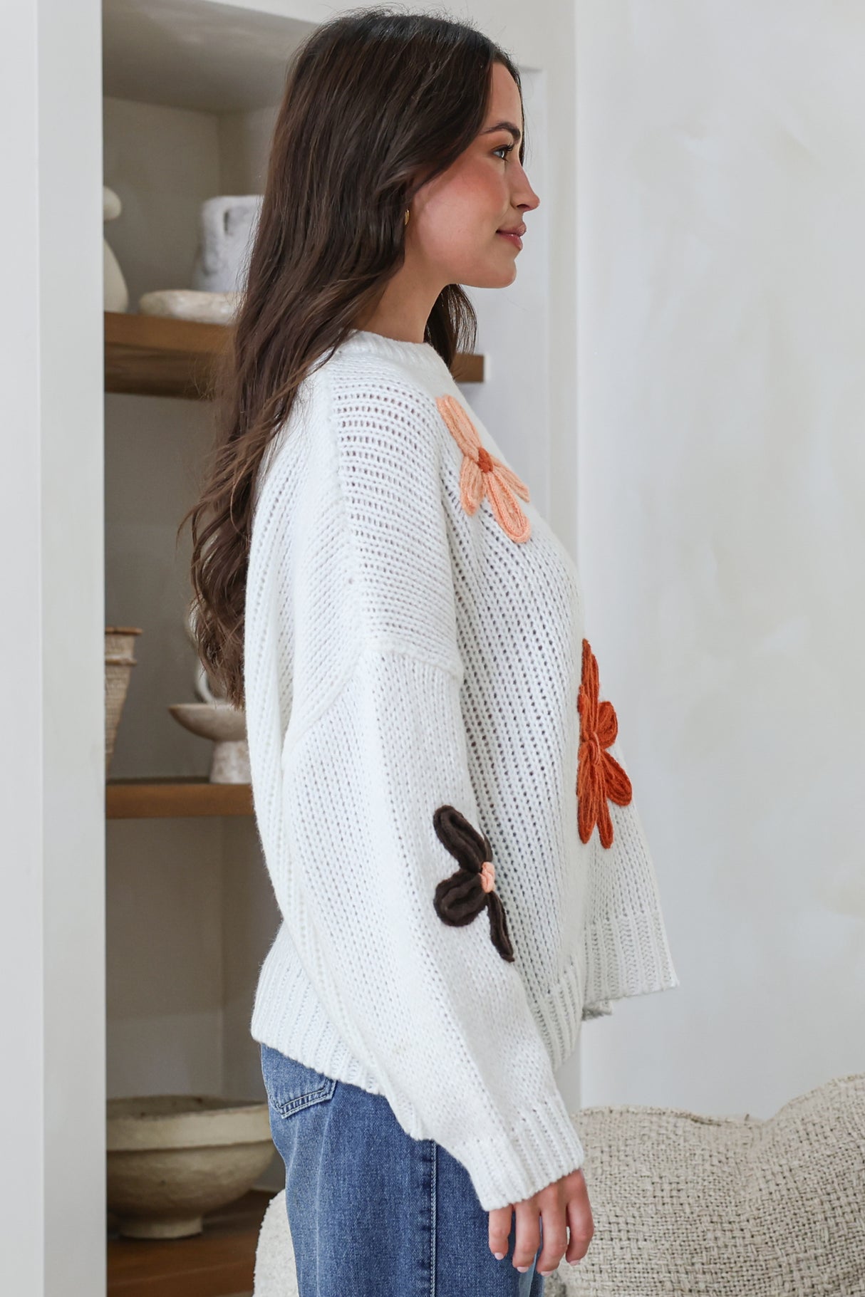 Wildflower Jumper - Chunky Knit Jumper with Flower Decals in White Multi