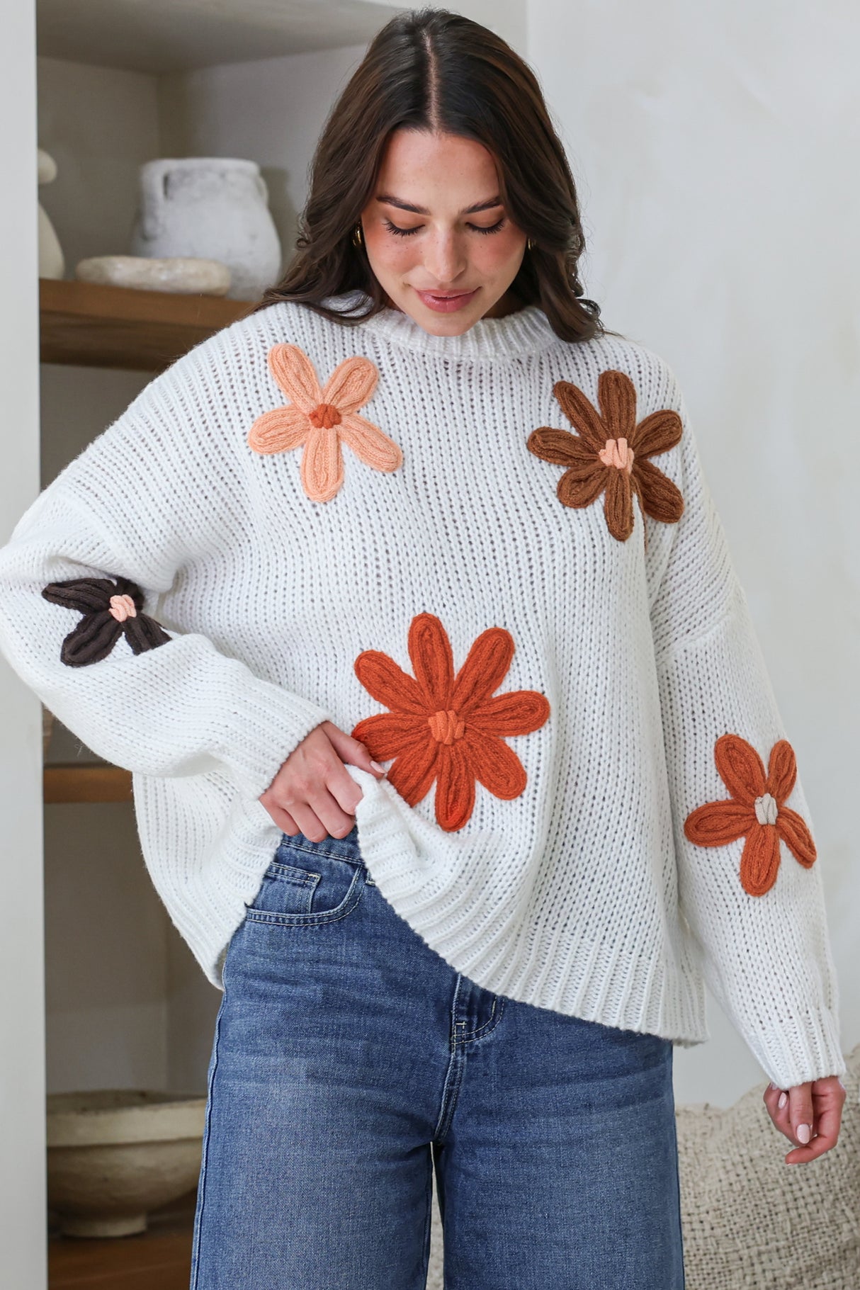 Wildflower Jumper - Chunky Knit Jumper with Flower Decals in White Multi