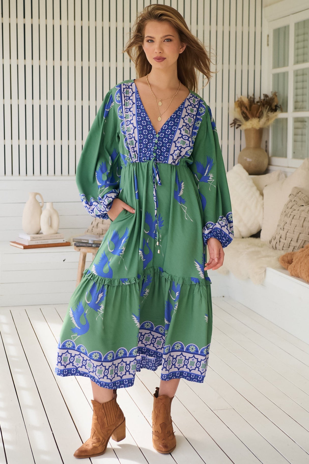 JAASE - Willa Midi Dress: V-Neck Pull Tie Waist Long Sleeve Dress in Bluebird Print