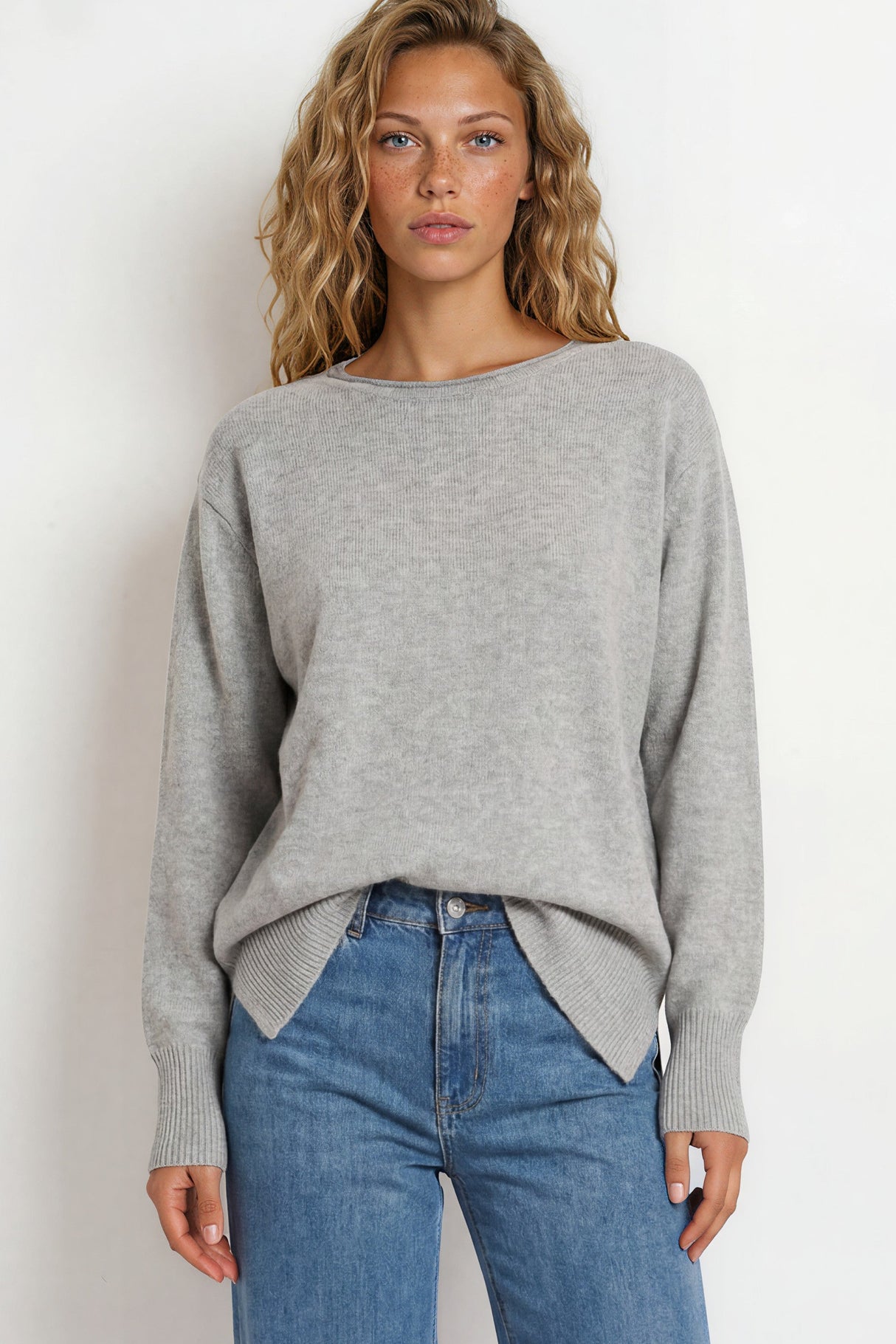 Model wearing Willow Jumper in Grey from Salty Crush
