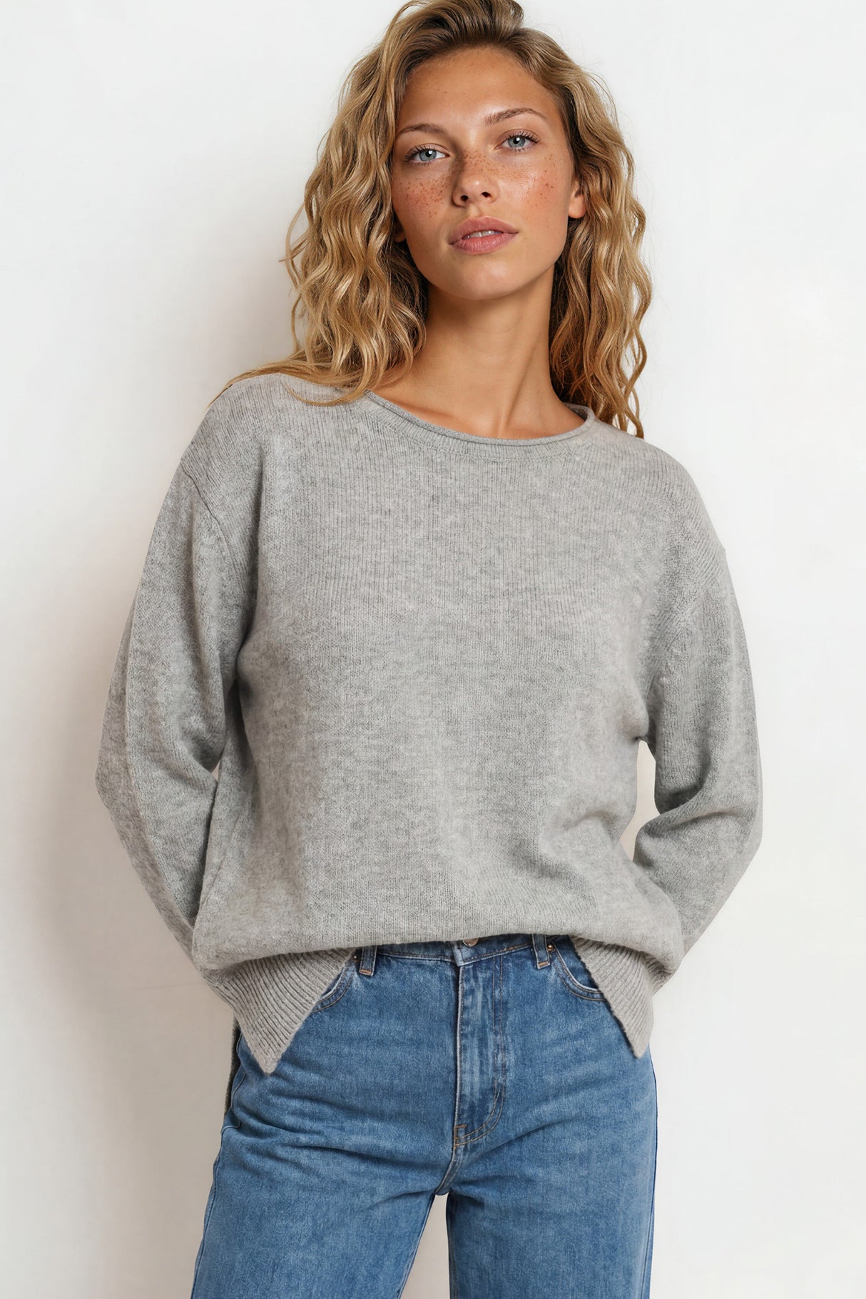 Model wearing Willow Jumper in Grey from Salty Crush