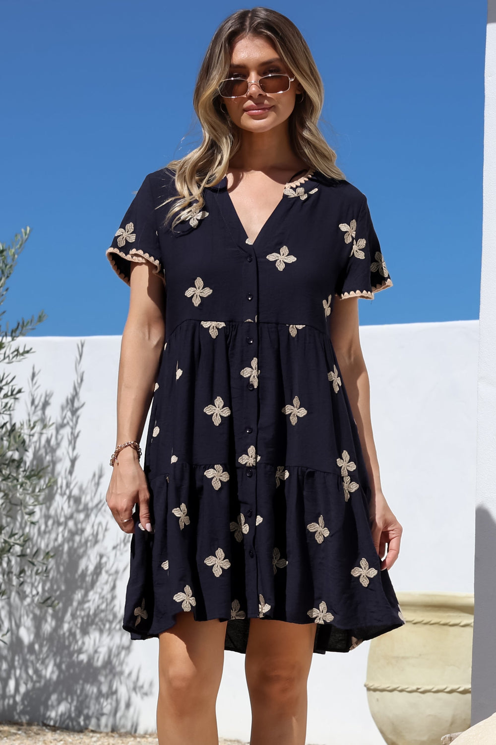 Wilma Mini Dress - Bermuda Collar Button Down Dress with Cap Sleeves in Gigi Print Navy
