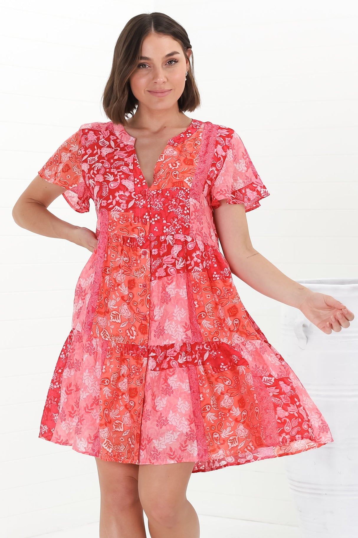 Wilma Mini Dress - Bermuda Collar Button Down Cape Sleeve Dress in Ita Print Pink