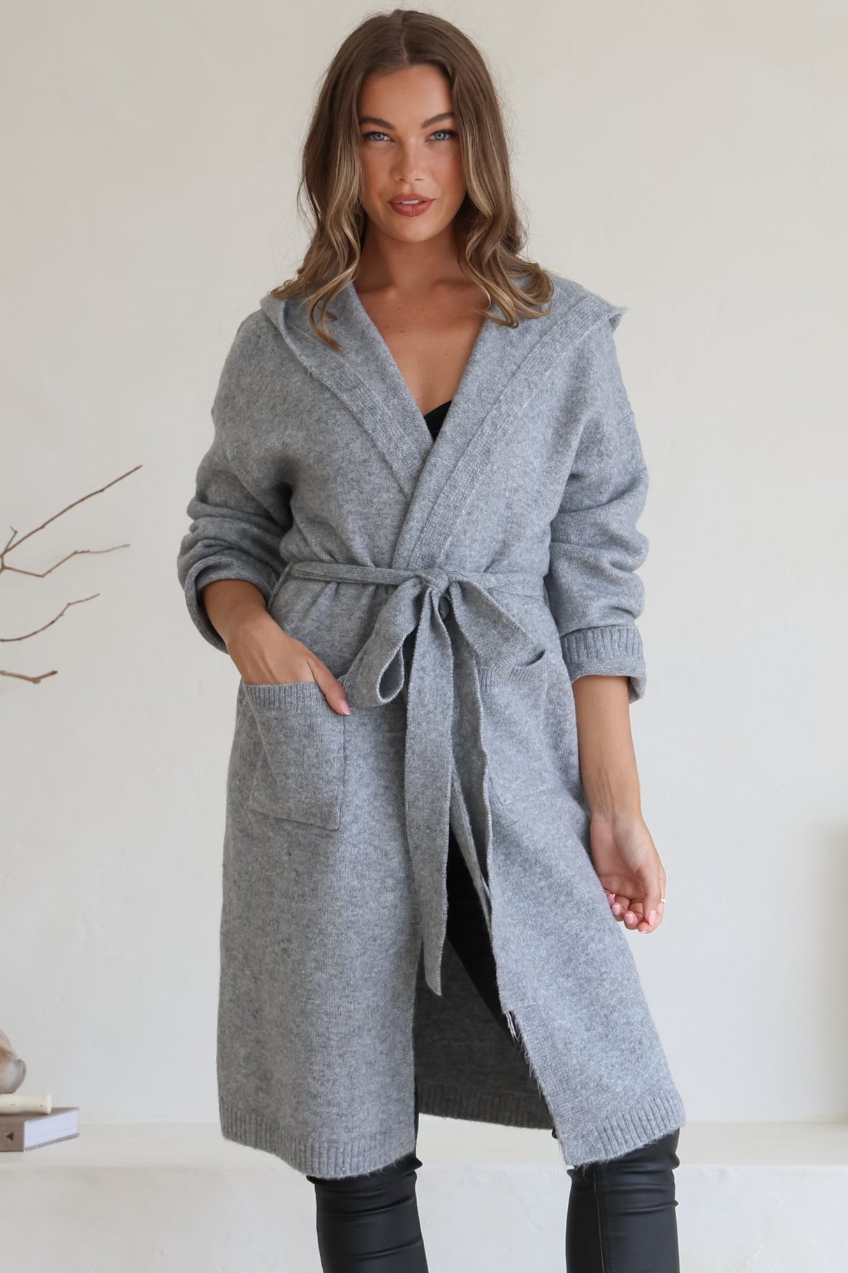 Windsor Cardigan - Hooded Open Front Coatigan with Waist Tie in Grey