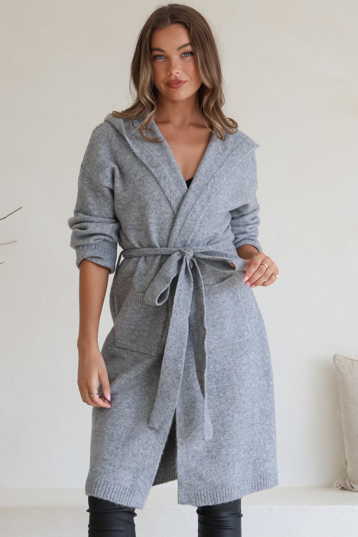 Windsor Cardigan - Hooded Open Front Coatigan with Waist Tie in Grey