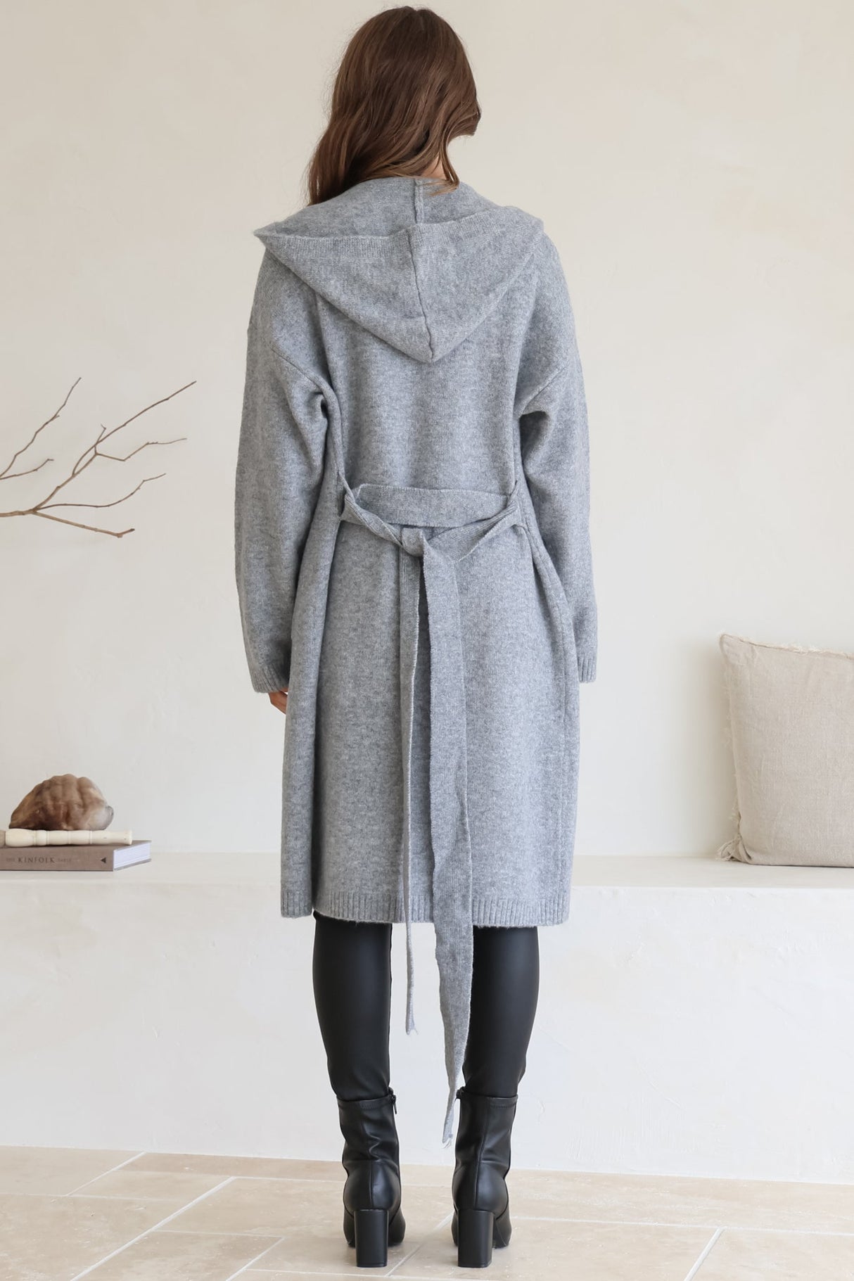 Windsor Cardigan - Hooded Open Front Coatigan with Waist Tie in Grey