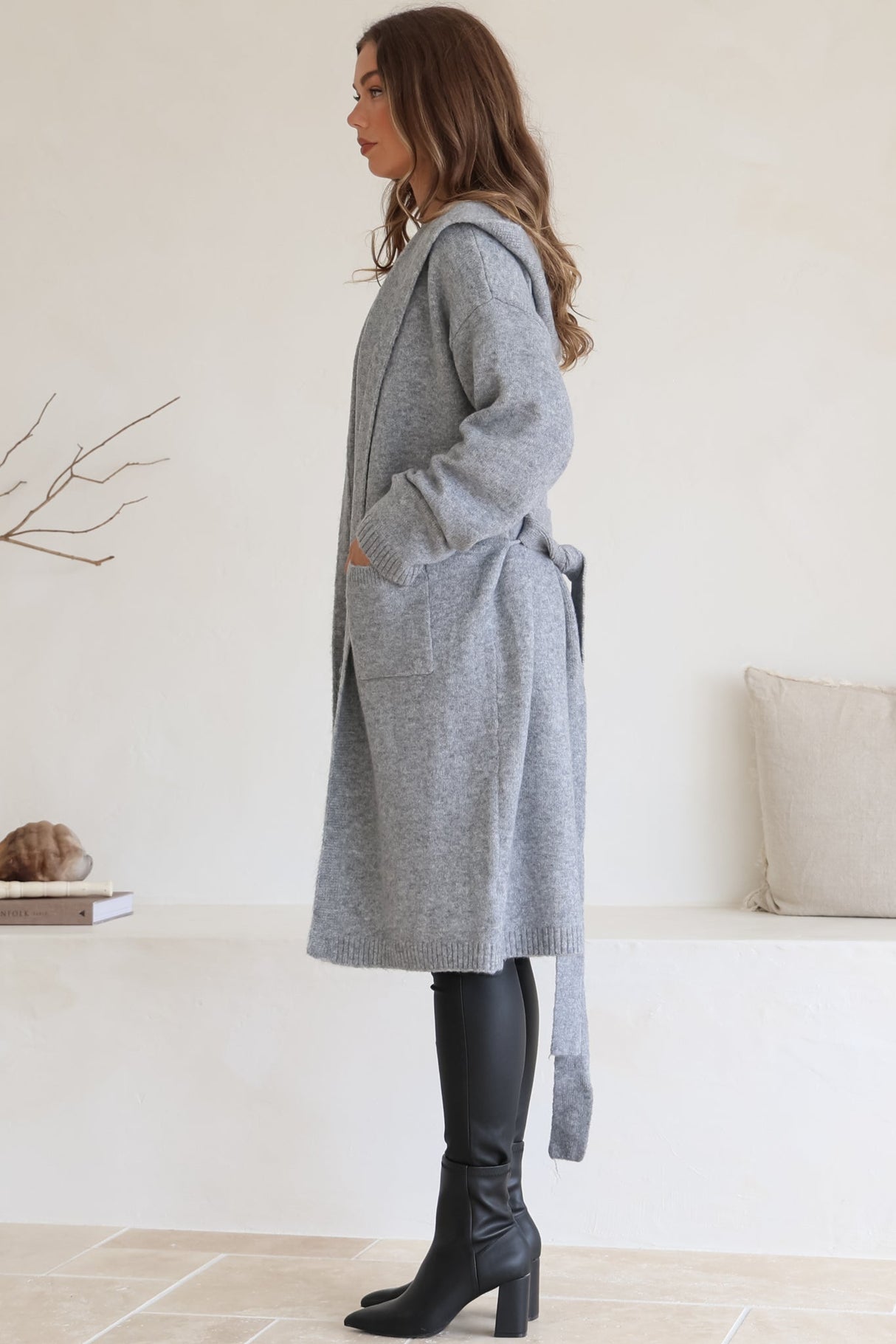 Windsor Cardigan - Hooded Open Front Coatigan with Waist Tie in Grey