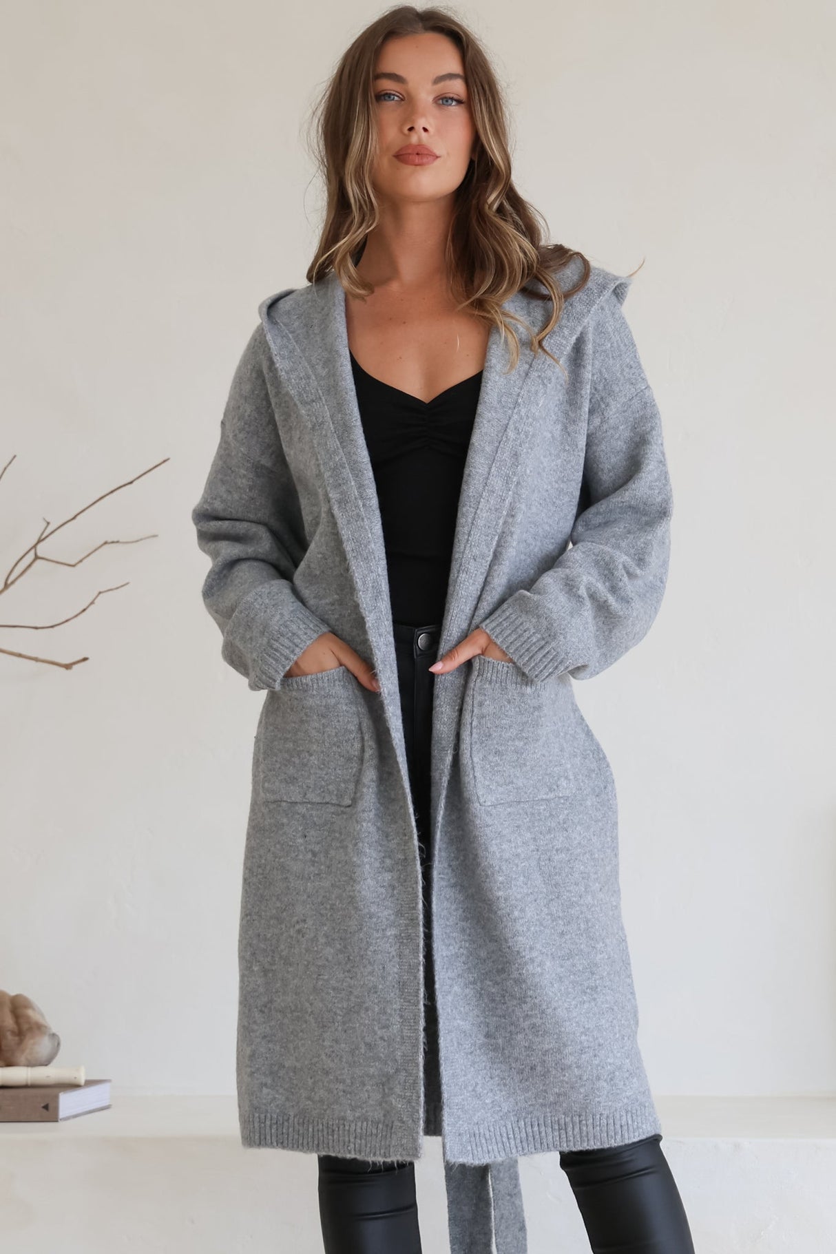 Windsor Cardigan - Hooded Open Front Coatigan with Waist Tie in Grey