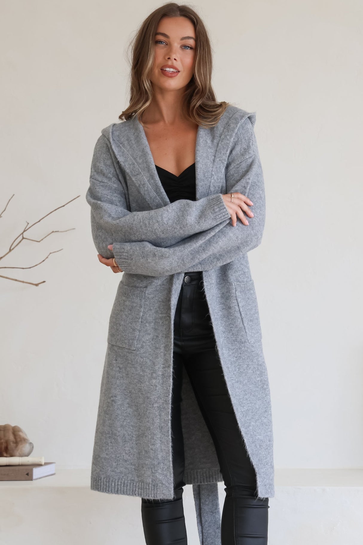 Windsor Cardigan - Hooded Open Front Coatigan with Waist Tie in Grey