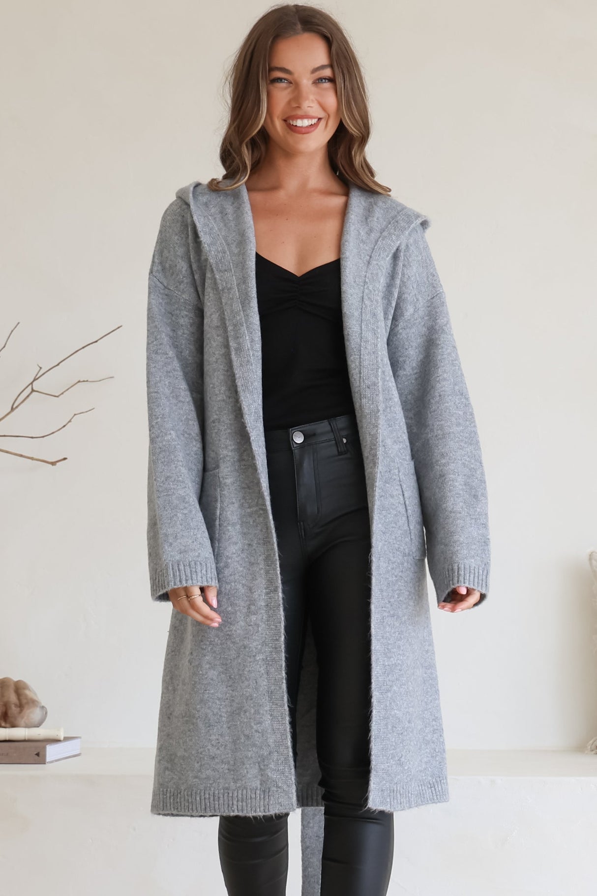 Windsor Cardigan - Hooded Open Front Coatigan with Waist Tie in Grey