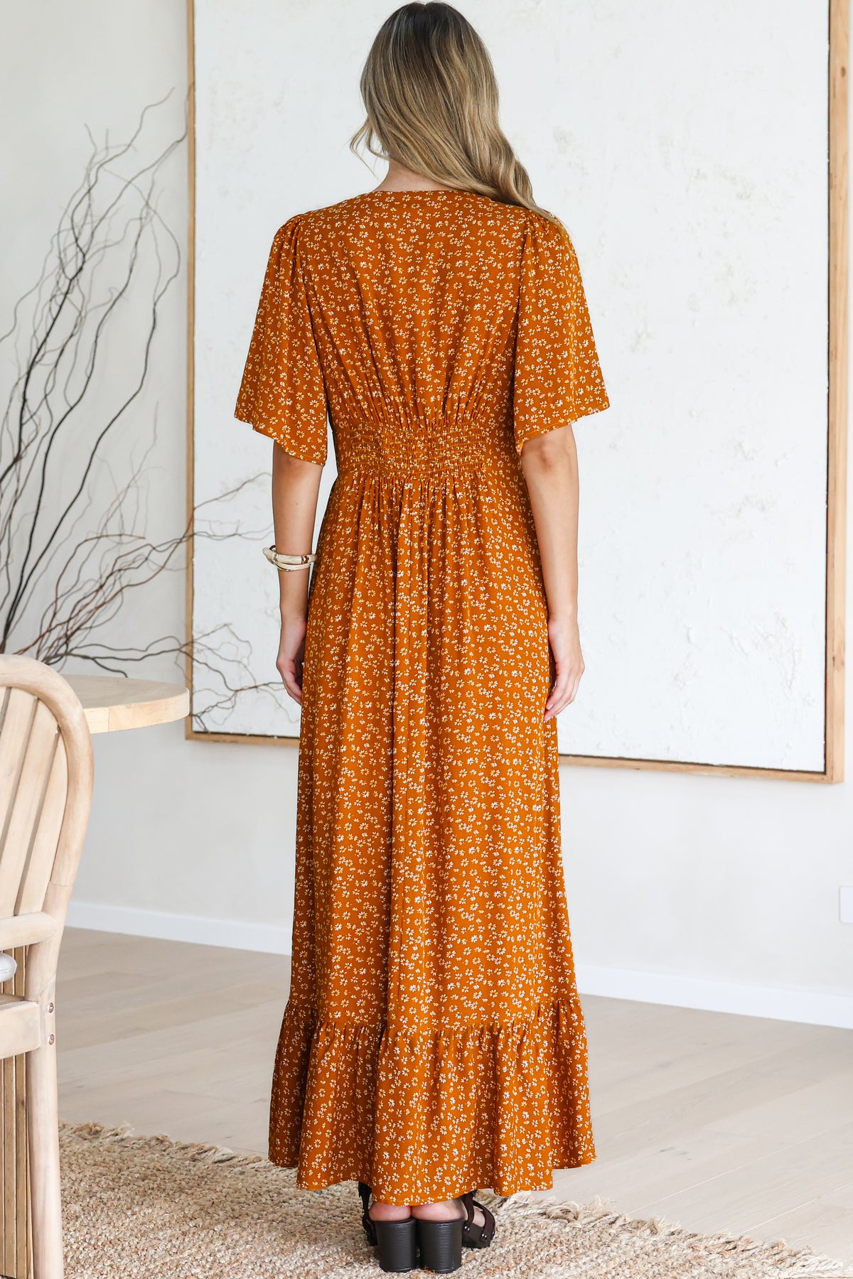 Winifred Maxi Dress - V Neck Button-Front A Line Dress with Flutter Sleeves in Leora Print Mustard