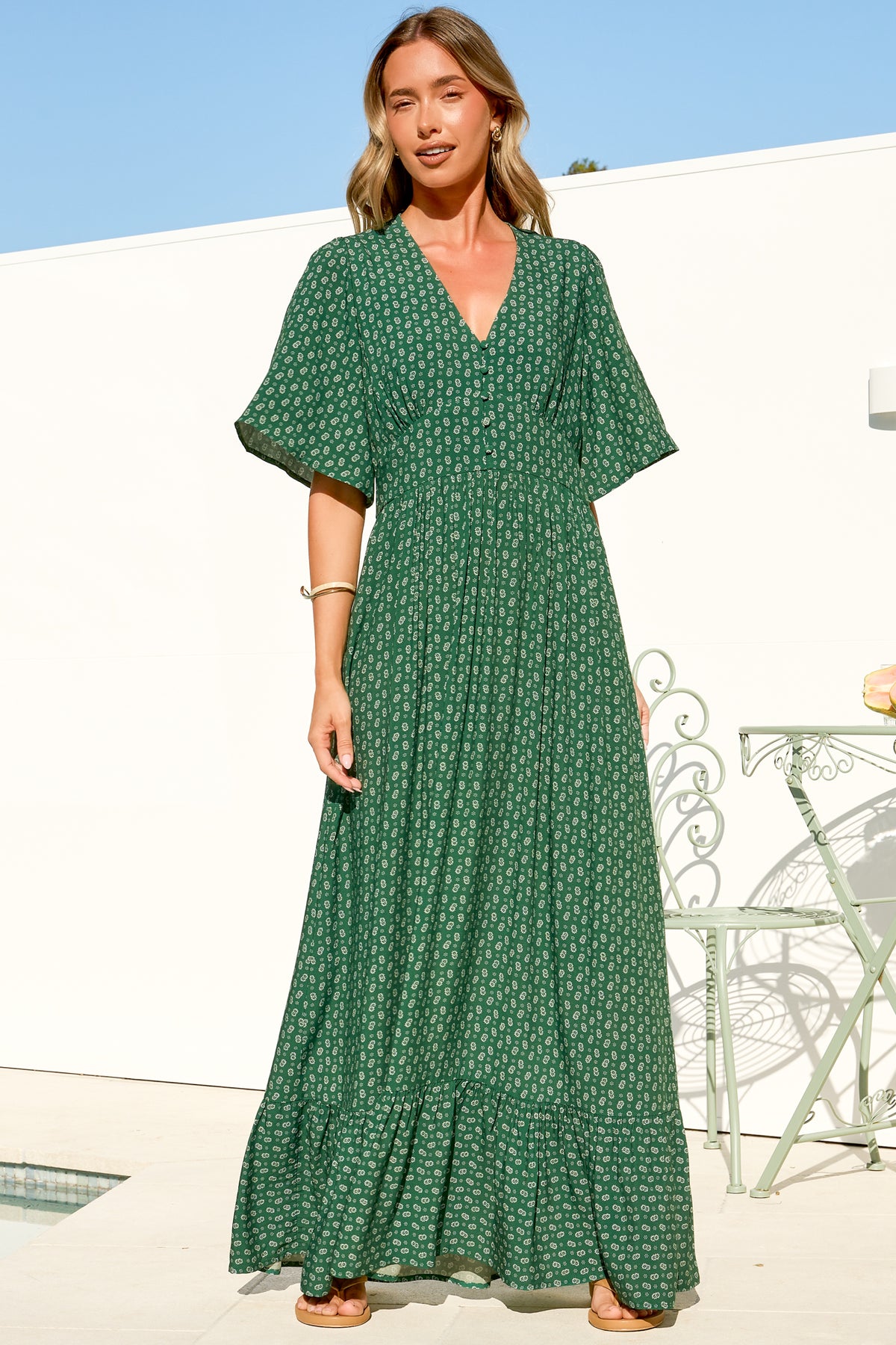 Winifred Maxi Dress - V Neck Button-Front A Line Dress with Flutter Sleeves in Mitzi Print Green
