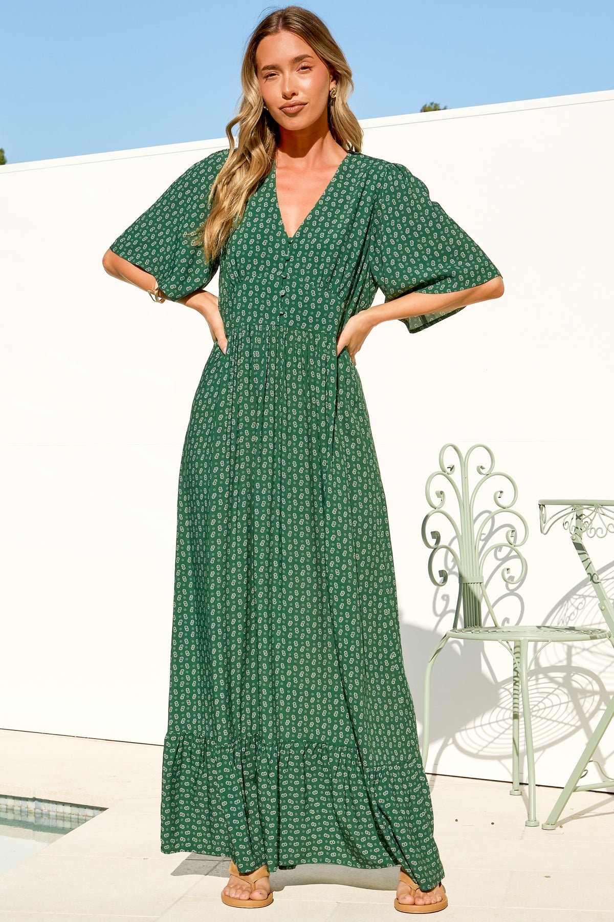 Winifred Maxi Dress - V Neck Button-Front A Line Dress with Flutter Sleeves in Mitzi Print Green