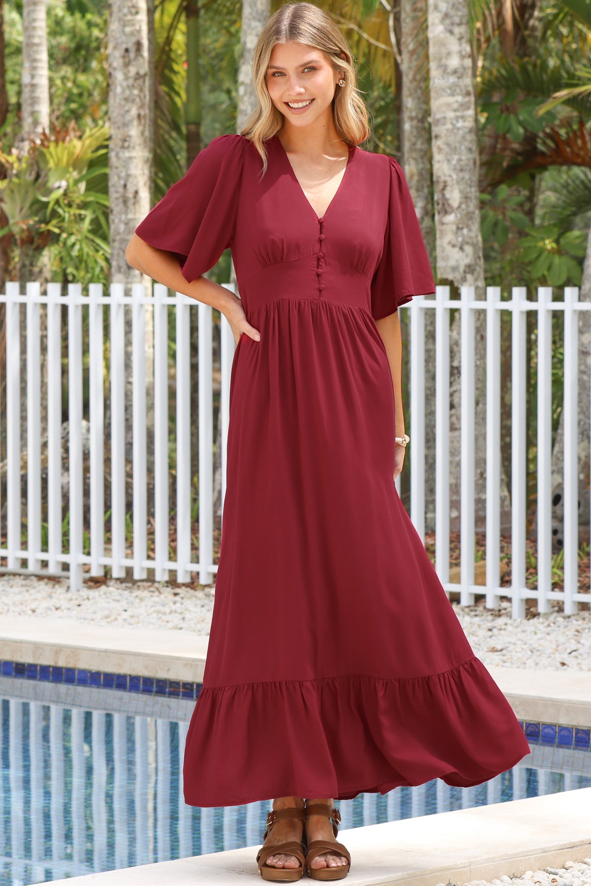 Winifred Maxi Dress - V Neck Button-Front A Line Dress with Flutter Sleeves in Wine