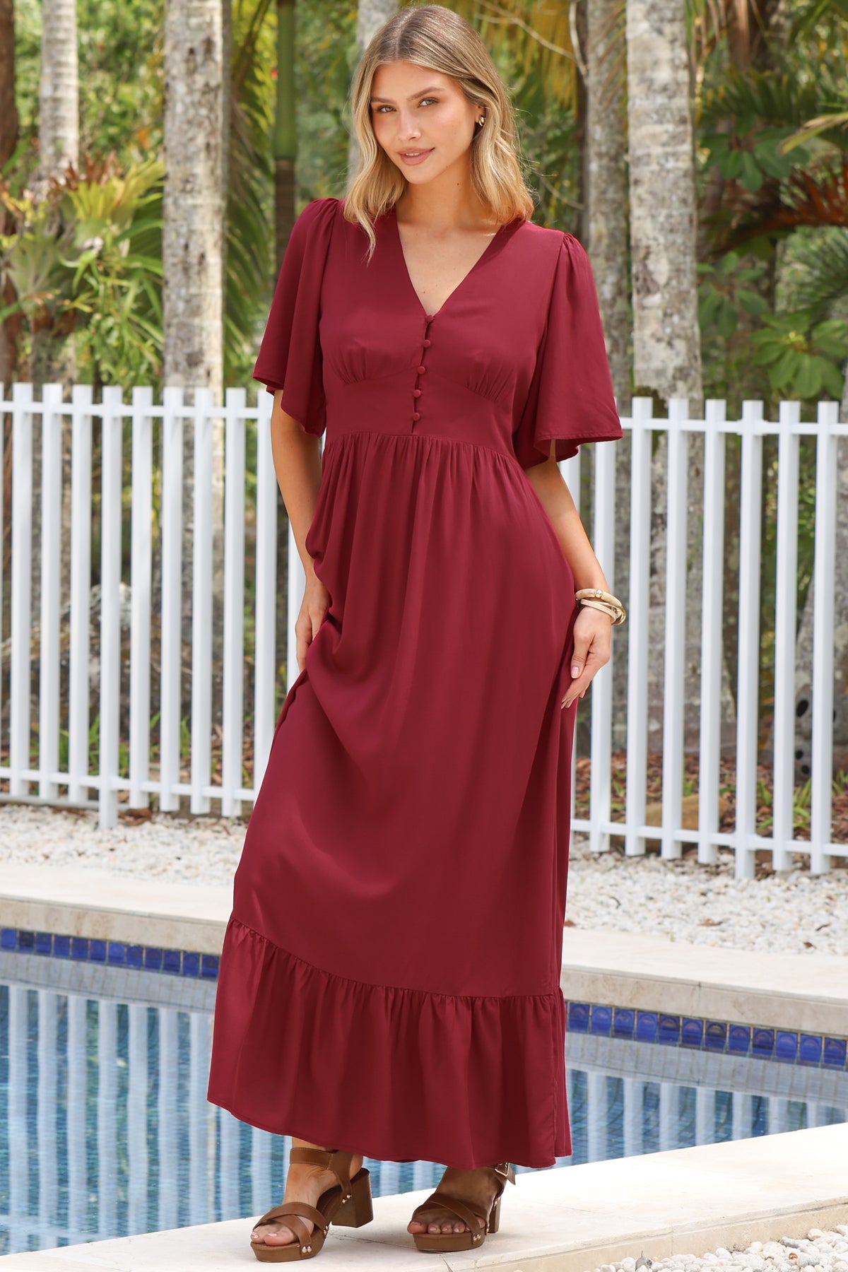 Winifred Maxi Dress - V Neck Button-Front A Line Dress with Flutter Sleeves in Wine