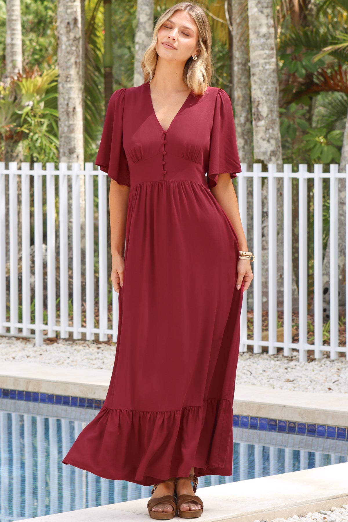 Winifred Maxi Dress - V Neck Button-Front A Line Dress with Flutter Sleeves in Wine
