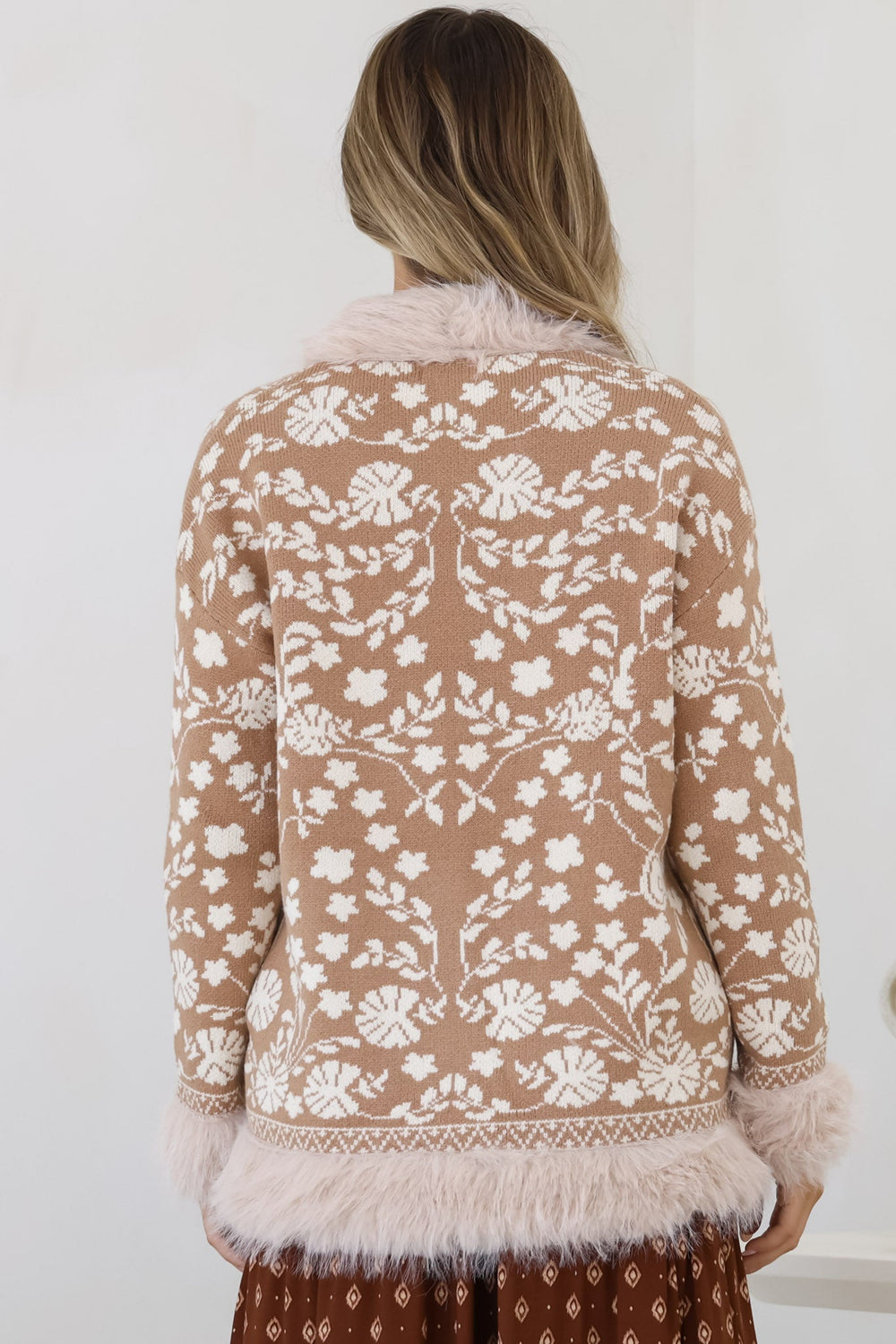Wolfe Jacket - Faux Fur Trim Open Knit Jacket in Camel