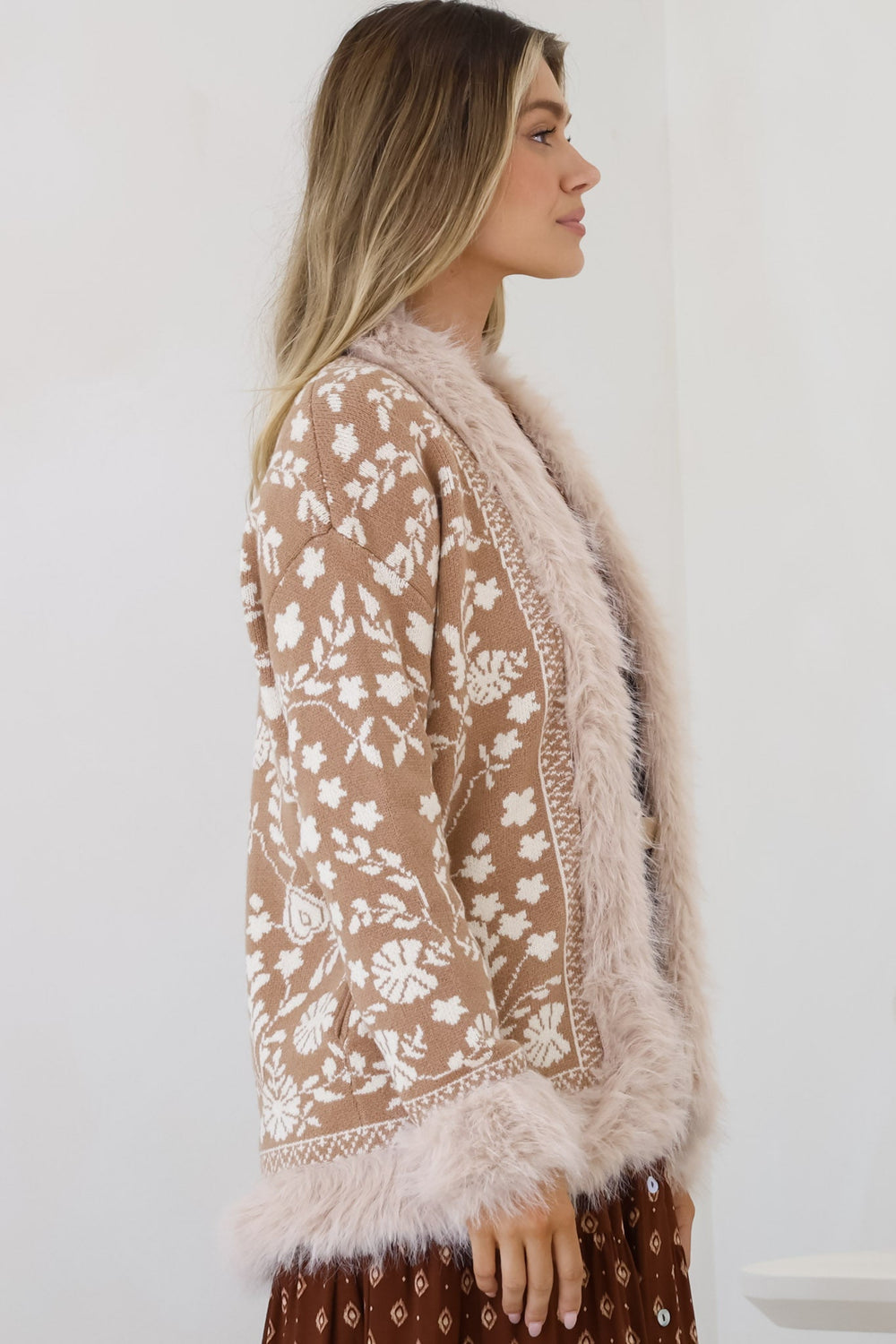 Wolfe Jacket - Faux Fur Trim Open Knit Jacket in Camel