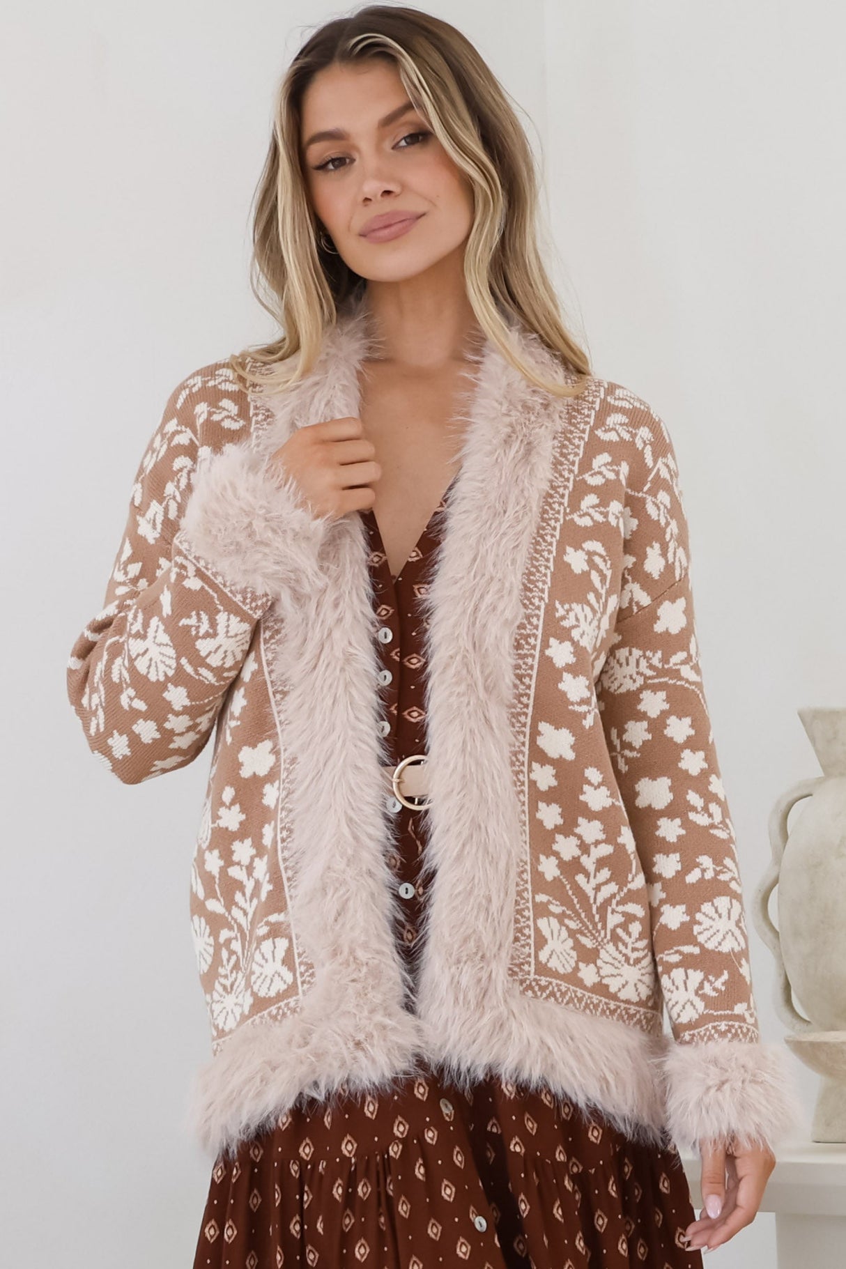 Wolfe Jacket - Faux Fur Trim Open Knit Jacket in Camel