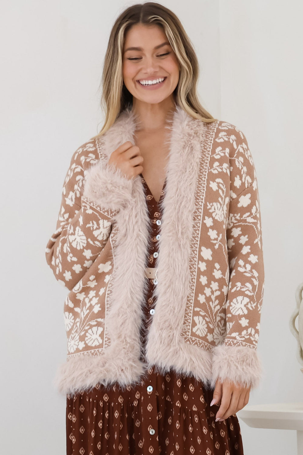 Wolfe Jacket - Faux Fur Trim Open Knit Jacket in Camel