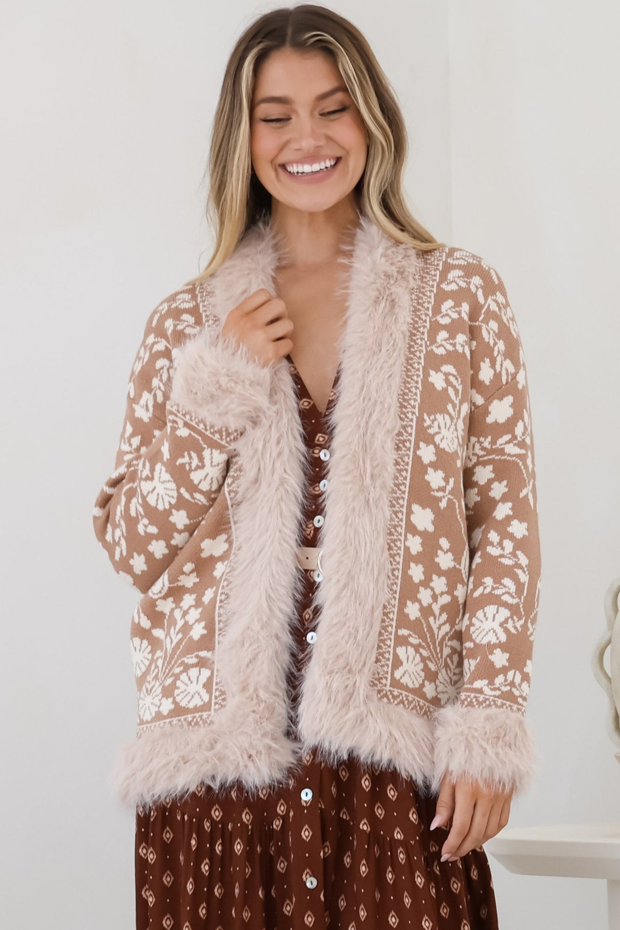 Wolfe Jacket - Faux Fur Trim Open Knit Jacket in Camel